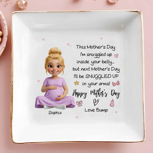This Mother's Day Snuggled Up Inside Your Belly Pregnant Woman Heart - Personalized Custom Jewelry Dish, Square Ceramic Dish - MOM323_SCRD