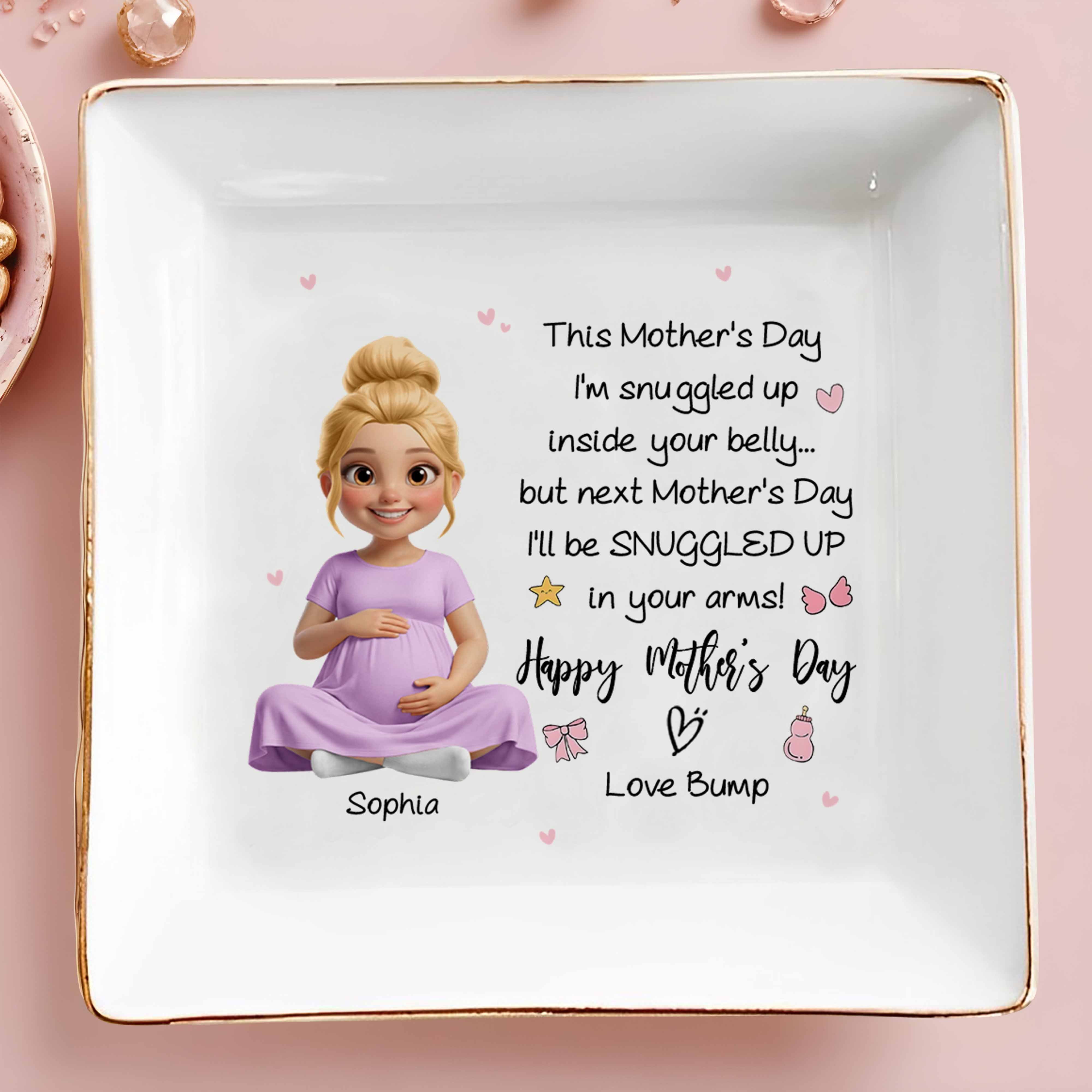 This Mother's Day Snuggled Up Inside Your Belly Pregnant Woman Heart - Personalized Custom Jewelry Dish, Square Ceramic Dish - MOM323_SCRD