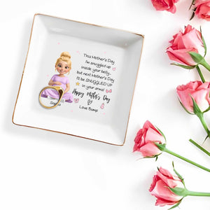 This Mother's Day Snuggled Up Inside Your Belly Pregnant Woman Heart - Personalized Custom Jewelry Dish, Square Ceramic Dish - MOM323_SCRD