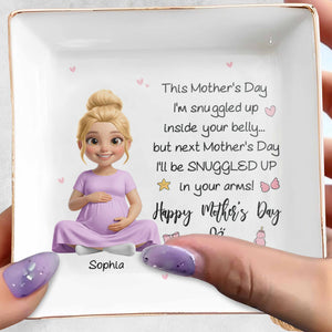 This Mother's Day Snuggled Up Inside Your Belly Pregnant Woman Heart - Personalized Custom Jewelry Dish, Square Ceramic Dish - MOM323_SCRD