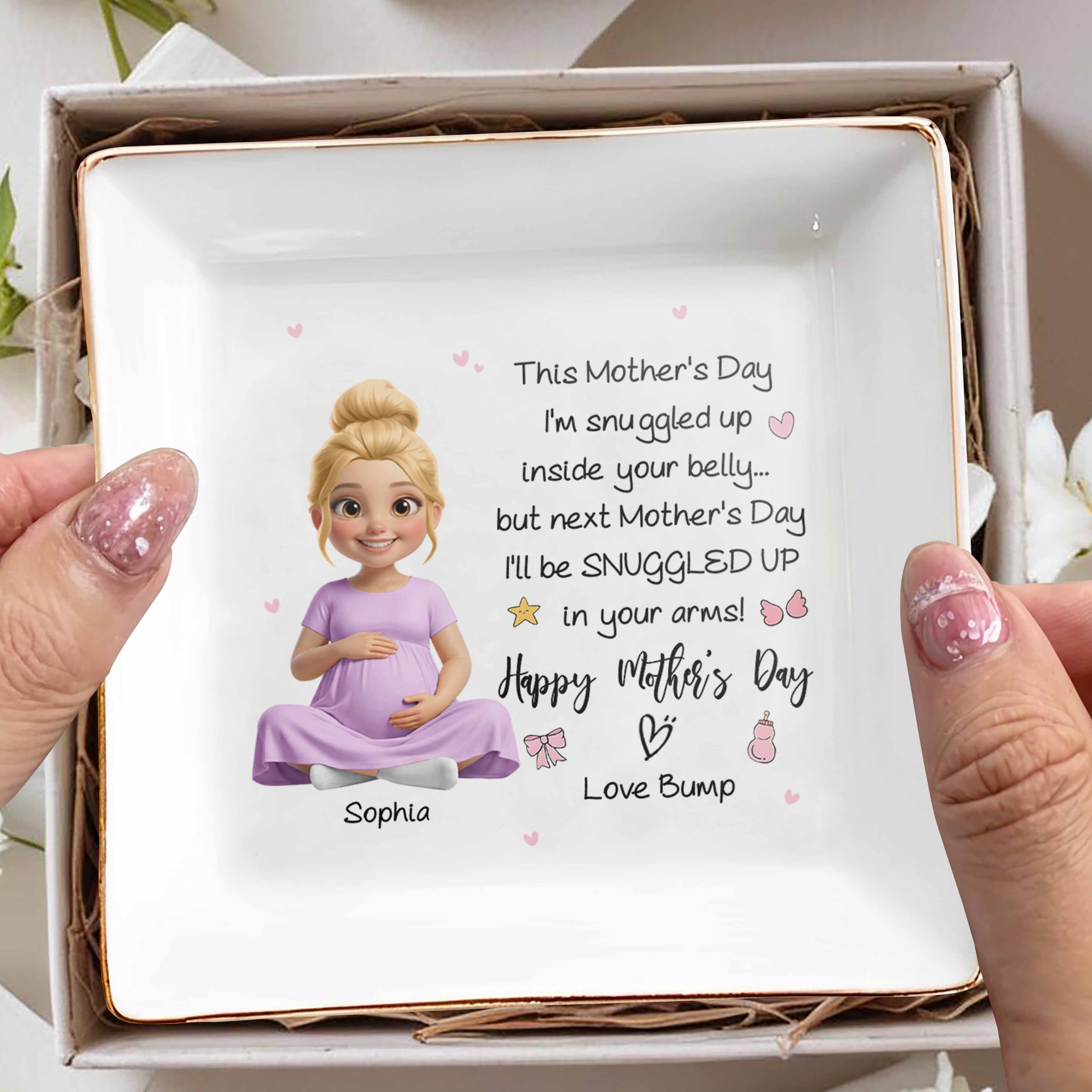 This Mother's Day Snuggled Up Inside Your Belly Pregnant Woman Heart - Personalized Custom Jewelry Dish, Square Ceramic Dish - MOM323_SCRD