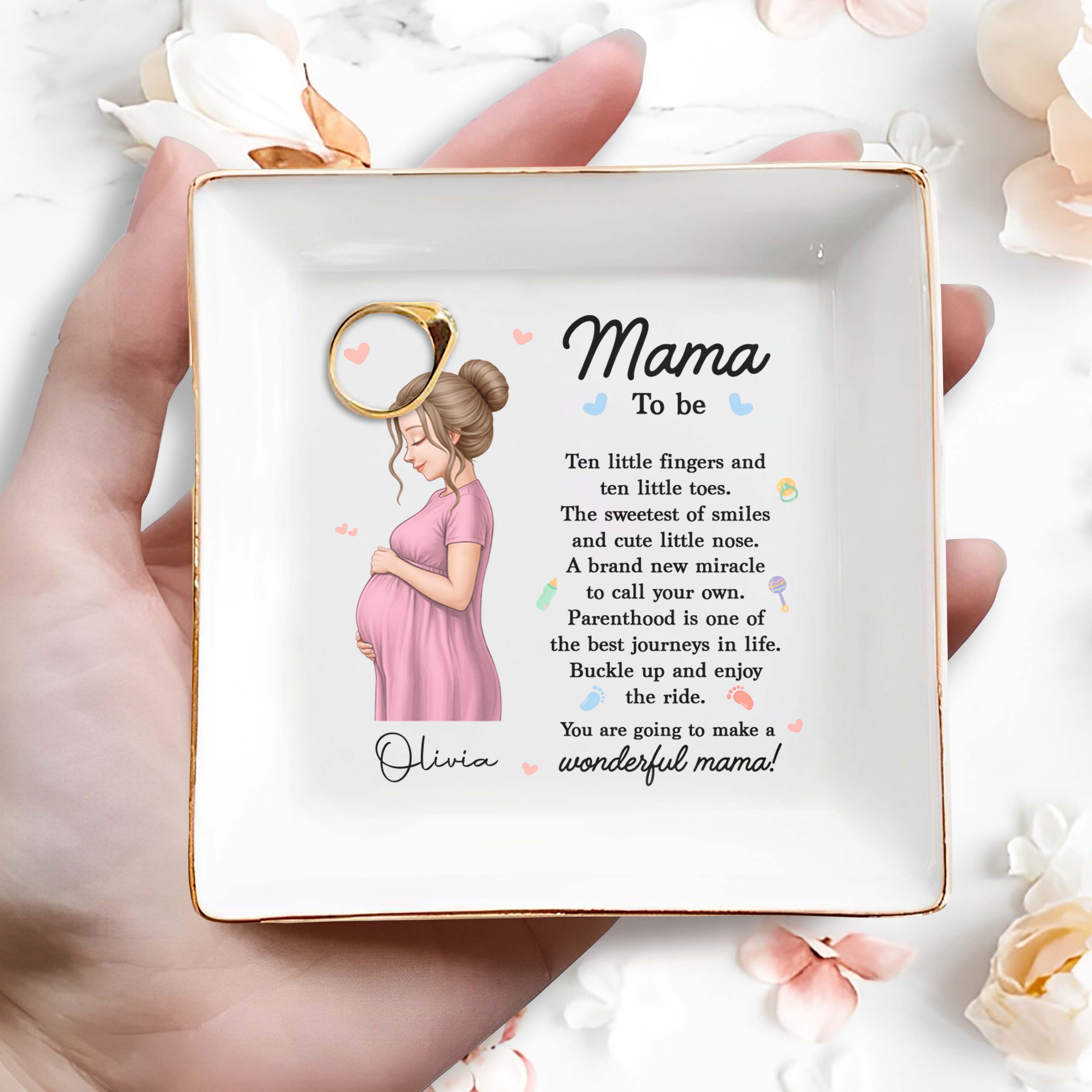 Mama To Be Ten Little Fingers Pregnant Woman With Baby Items - Personalized Custom Jewelry Dish, Square Ceramic Dish - MOM324_SCRD