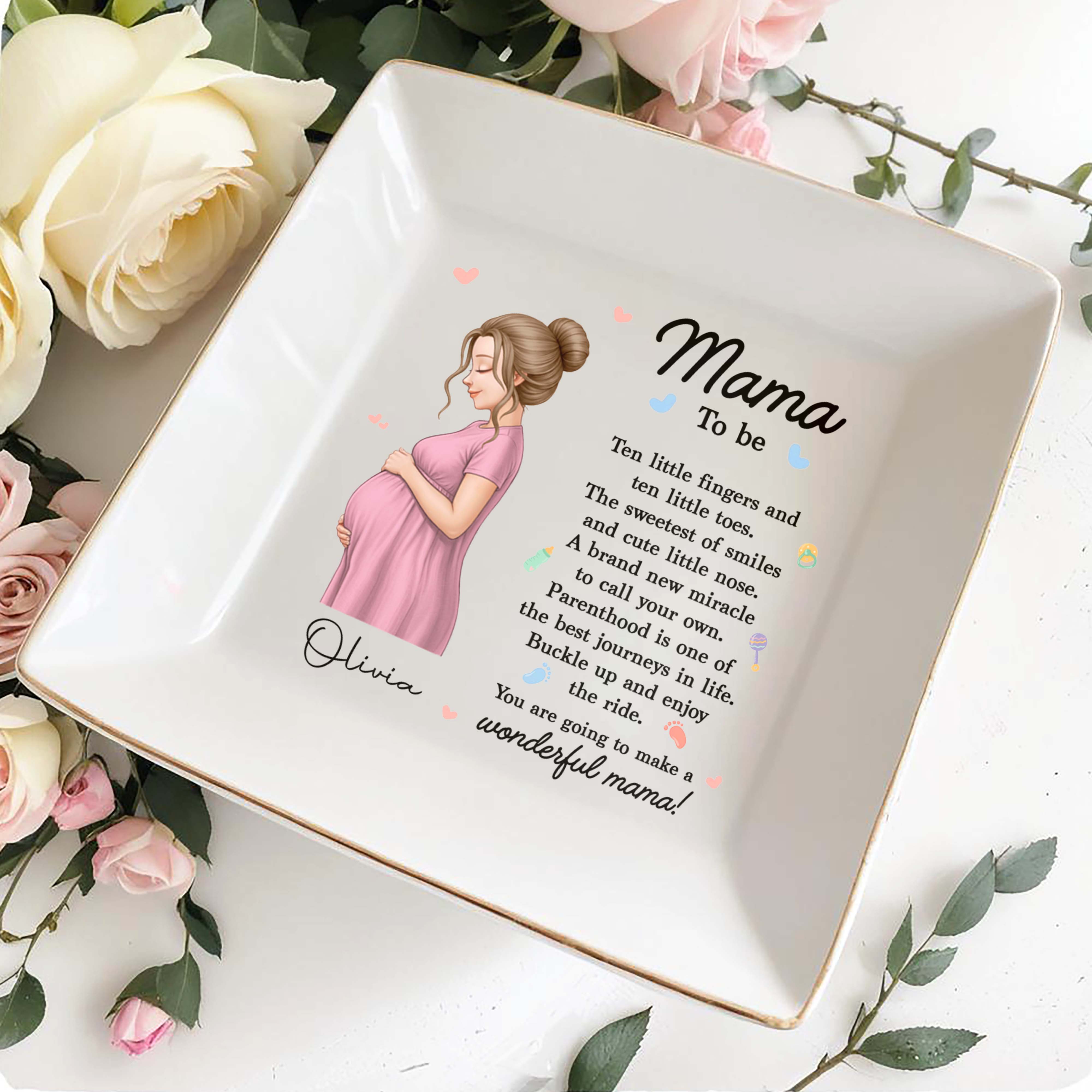 Mama To Be Ten Little Fingers Pregnant Woman With Baby Items - Personalized Custom Jewelry Dish, Square Ceramic Dish - MOM324_SCRD