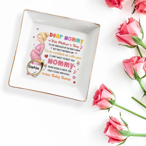 Dear Mommy From Baby Bump Personalized Pregnant Woman Hearts Footprints - Personalized Custom Jewelry Dish, Square Ceramic Dish - MOM327_SCRD