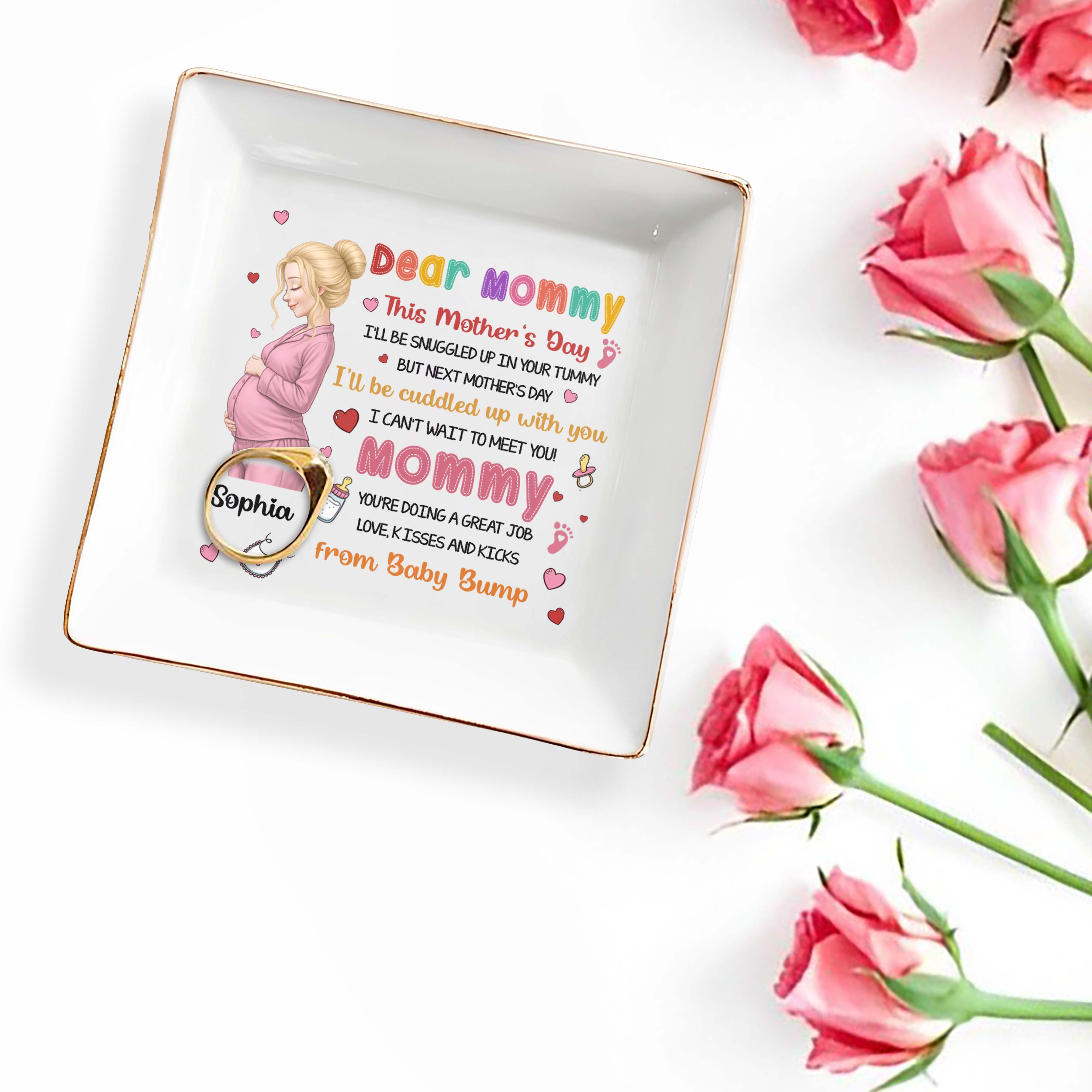 Dear Mommy From Baby Bump Personalized Pregnant Woman Hearts Footprints - Personalized Custom Jewelry Dish, Square Ceramic Dish - MOM327_SCRD