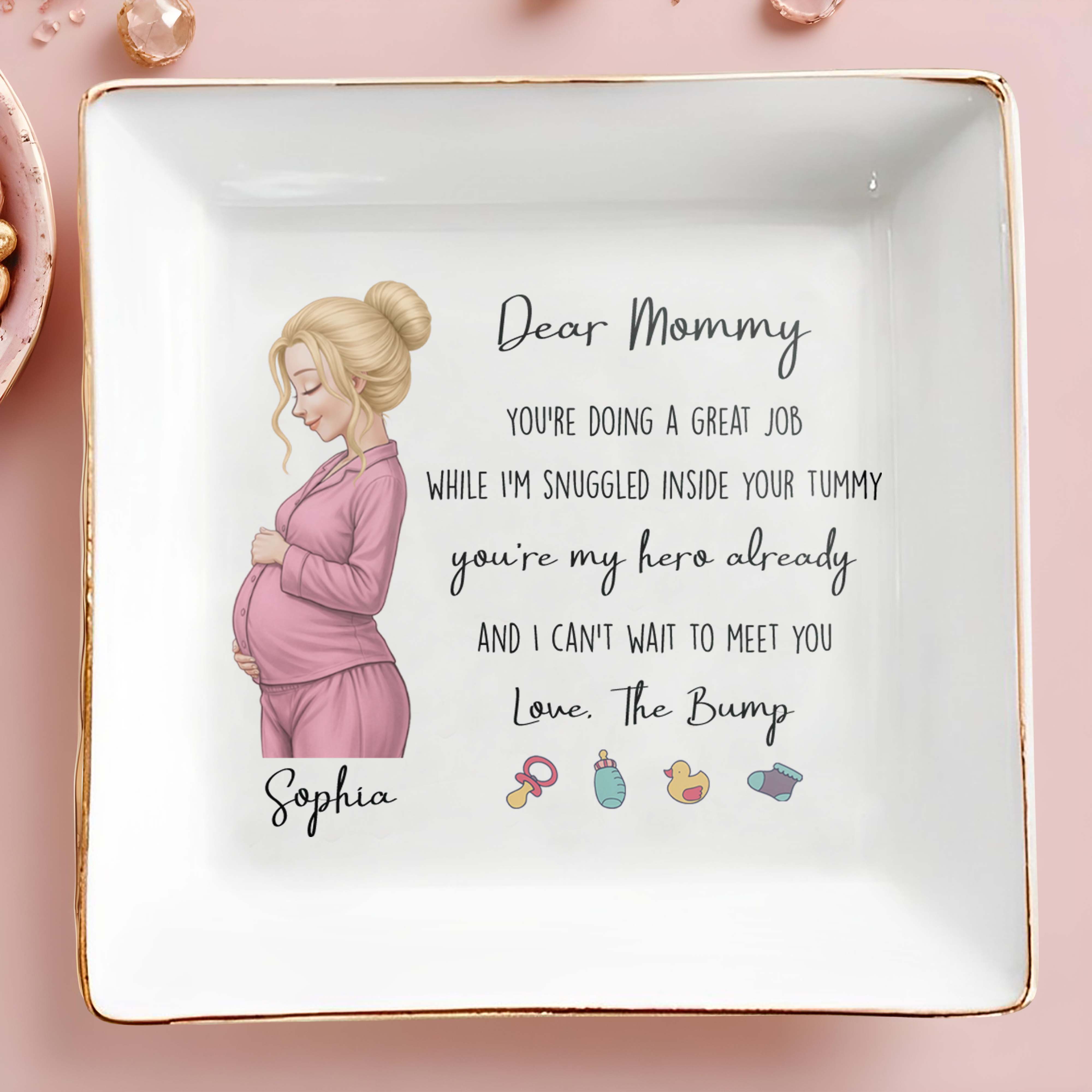 Dear Mommy You're My Hero Already With Pregnant Woman And Baby Icons - Personalized Custom Jewelry Dish, Square Ceramic Dish - MOM337_SCRD