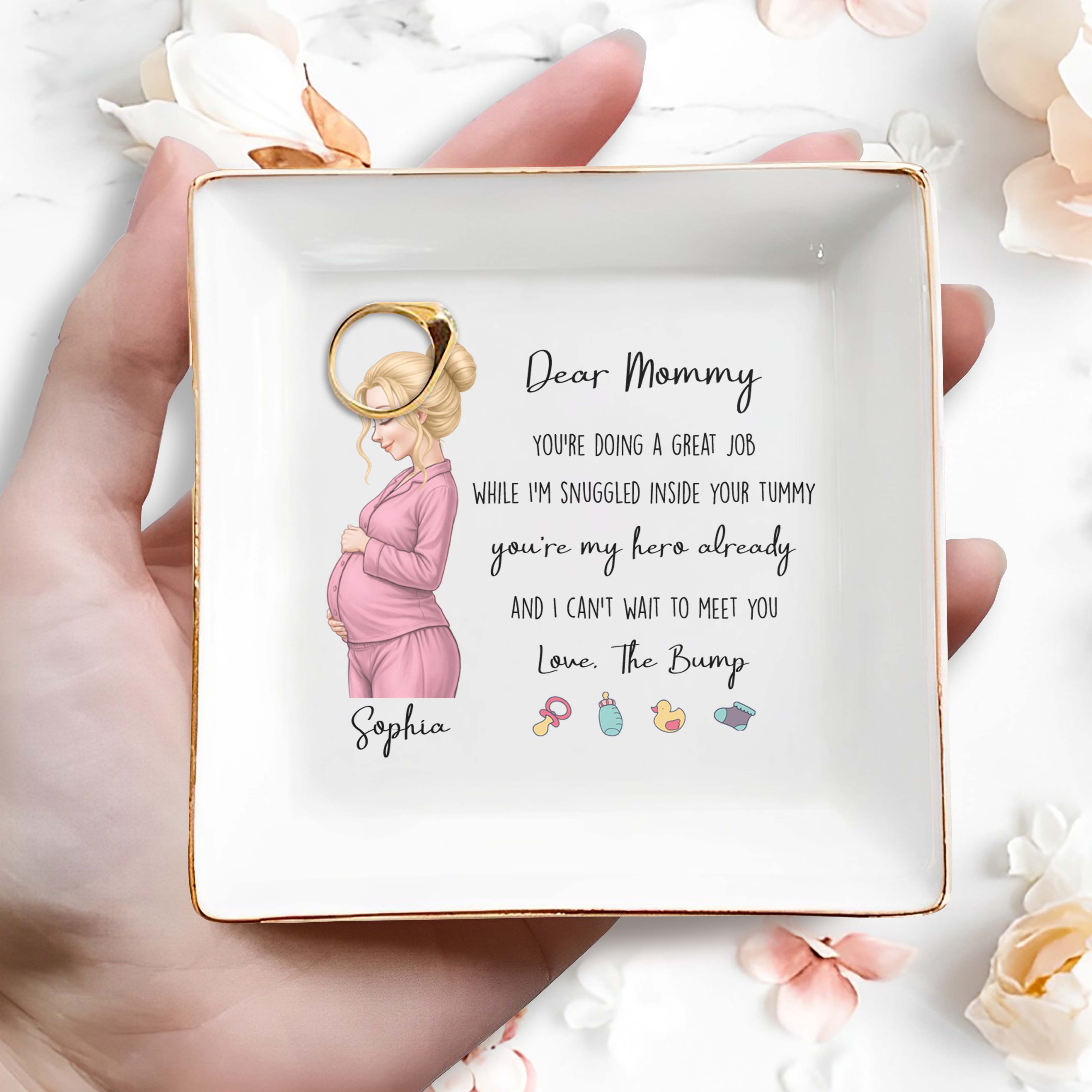 Dear Mommy You're My Hero Already With Pregnant Woman And Baby Icons - Personalized Custom Jewelry Dish, Square Ceramic Dish - MOM337_SCRD