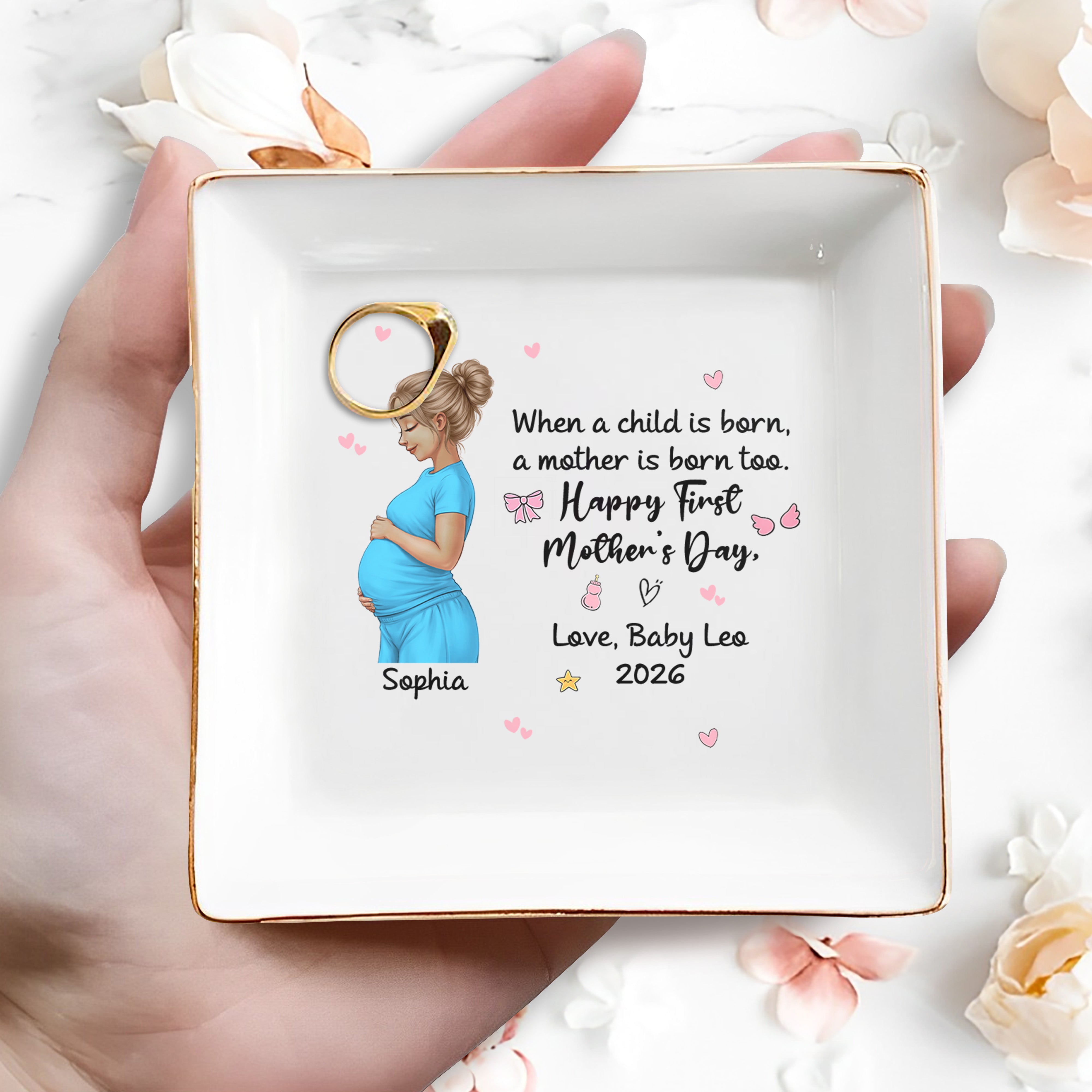 When A Child Is Born Happy First Mother's Day Pregnant Woman - Personalized Custom Jewelry Dish, Square Ceramic Dish - MOM338_SCRD