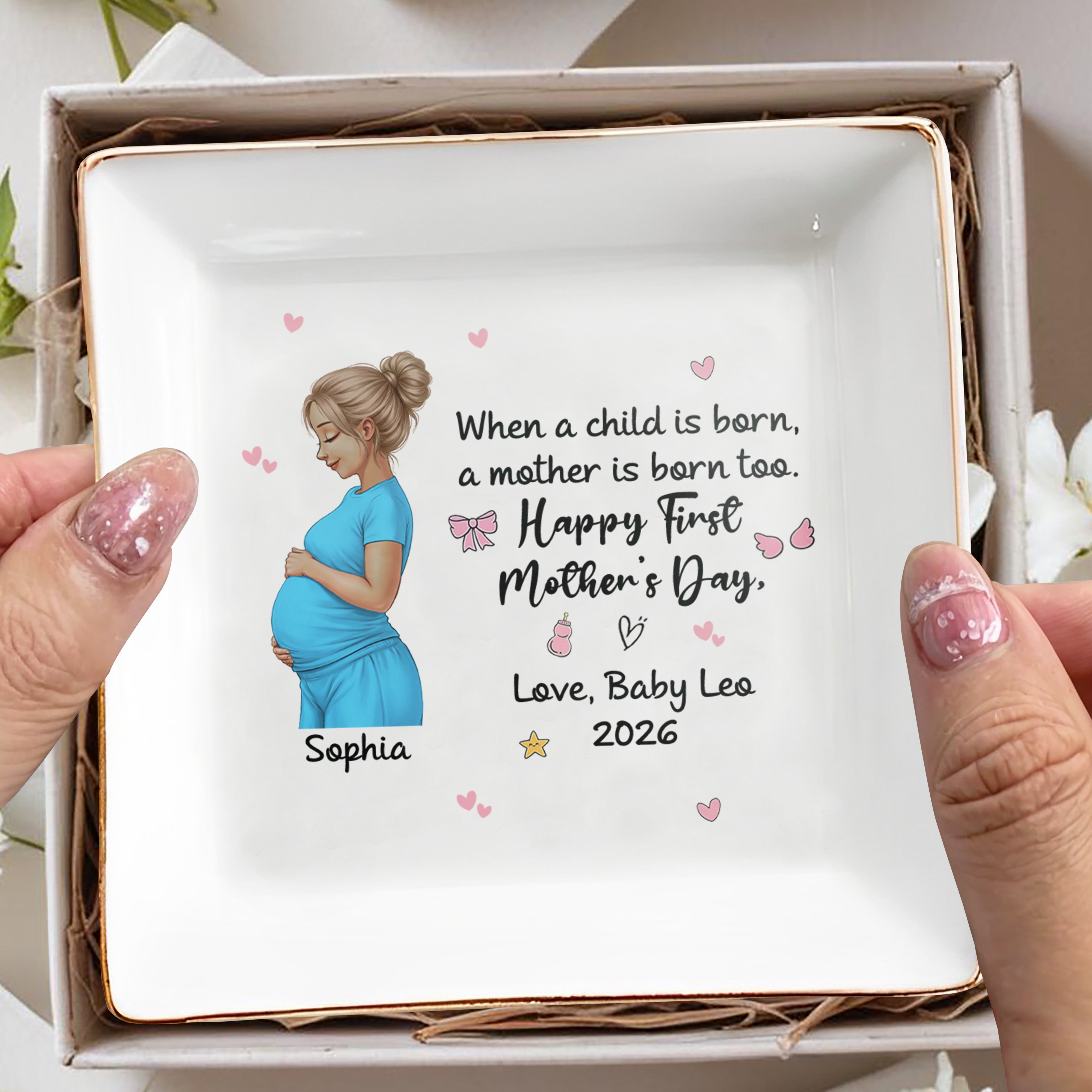 When A Child Is Born Happy First Mother's Day Pregnant Woman - Personalized Custom Jewelry Dish, Square Ceramic Dish - MOM338_SCRD