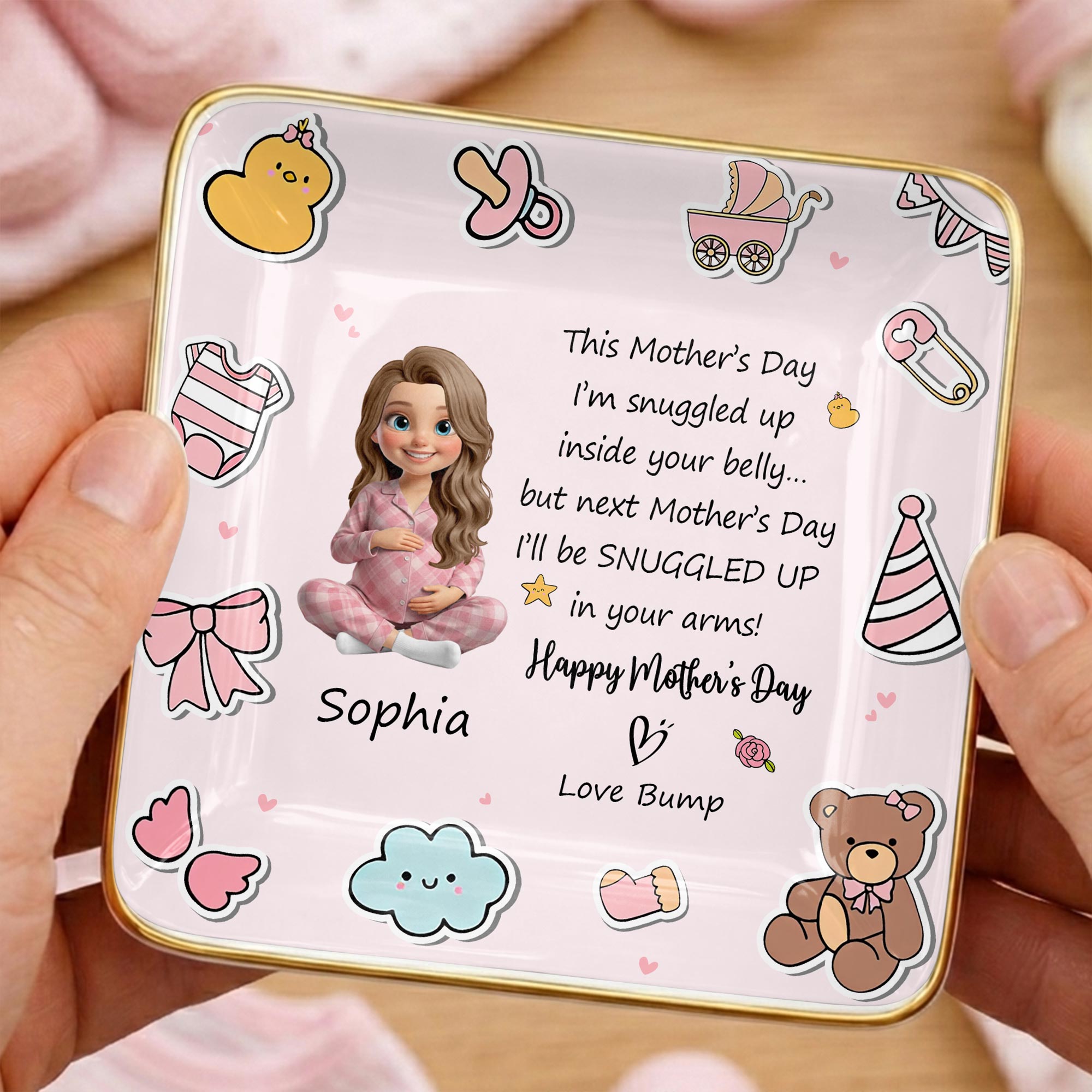 This Mother's Day Snuggled Up In Your Belly Pregnant Woman Baby Icons - Personalized Custom Jewelry Dish, Ceramic Dish, Square Shape - MOM339_SCRF