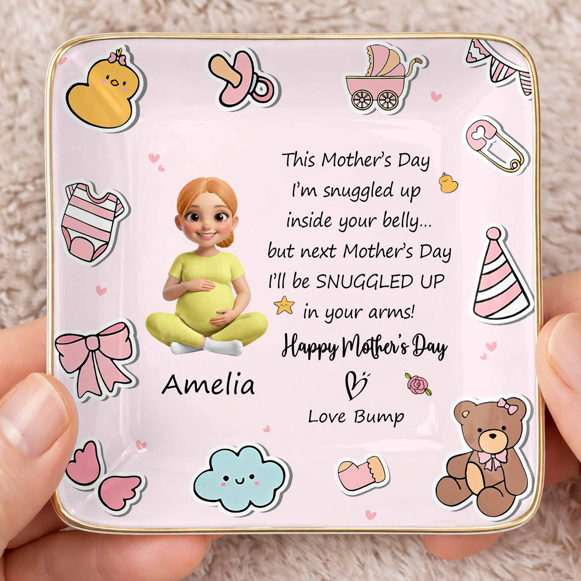 This Mother's Day Snuggled Up In Your Belly Pregnant Woman Baby Icons - Personalized Custom Jewelry Dish, Ceramic Dish, Square Shape - MOM339_SCRF