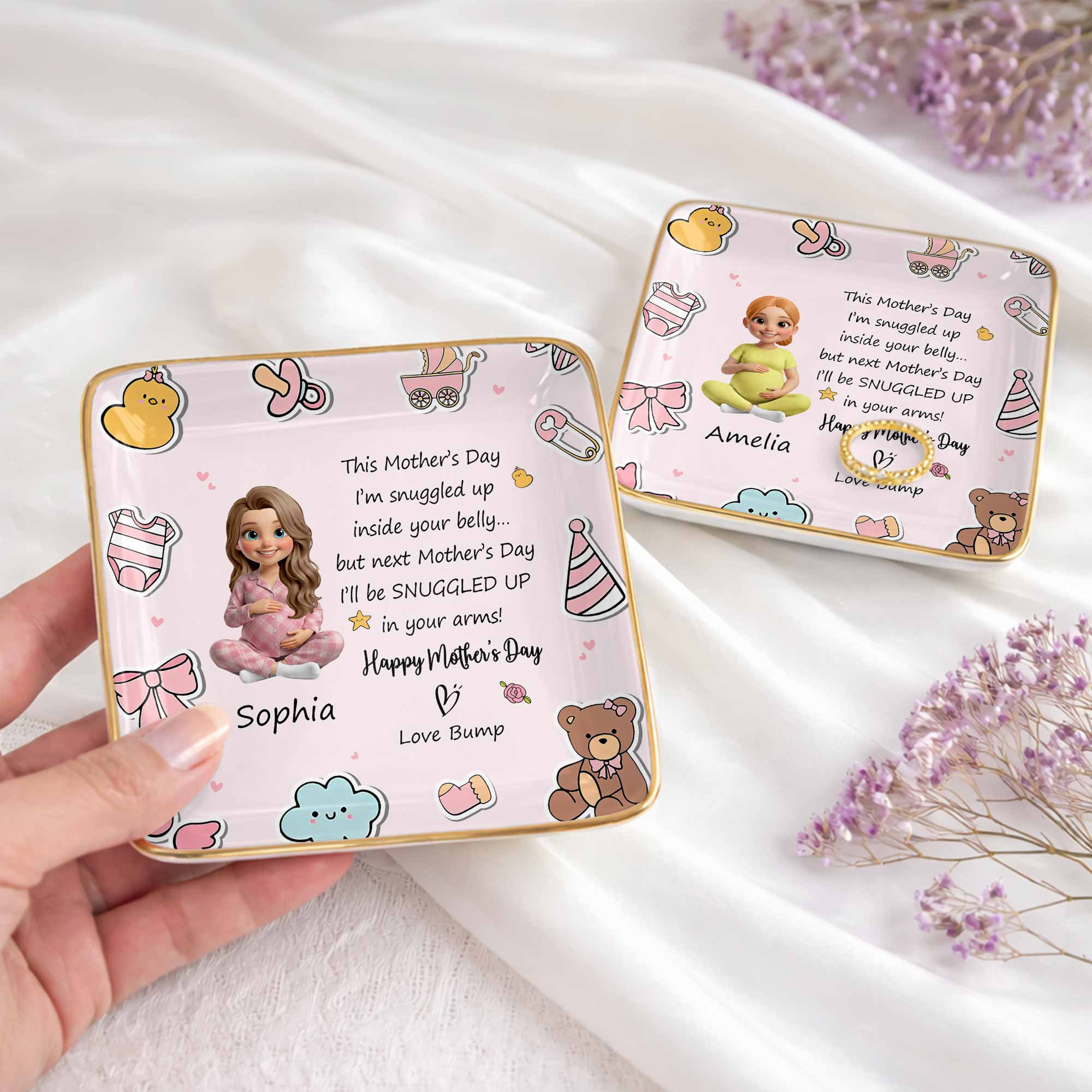 This Mother's Day Snuggled Up In Your Belly Pregnant Woman Baby Icons - Personalized Custom Jewelry Dish, Ceramic Dish, Square Shape - MOM339_SCRF
