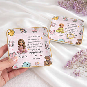 This Mother's Day Snuggled Up In Your Belly Pregnant Woman Baby Icons - Personalized Custom Jewelry Dish, Ceramic Dish, Square Shape - MOM339_SCRF