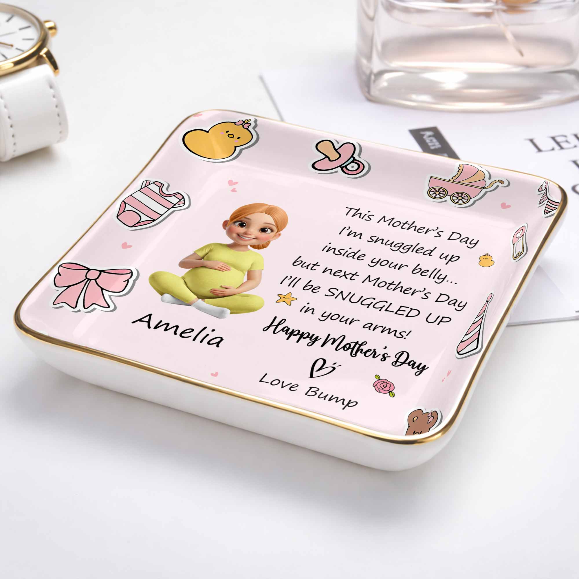 This Mother's Day Snuggled Up In Your Belly Pregnant Woman Baby Icons - Personalized Custom Jewelry Dish, Ceramic Dish, Square Shape - MOM339_SCRF