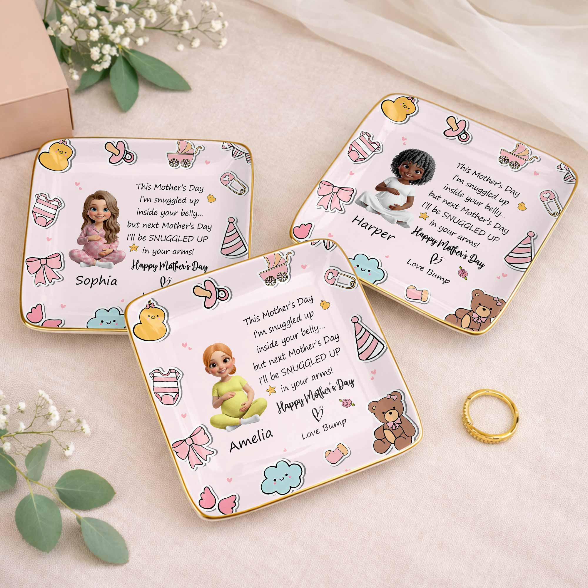 This Mother's Day Snuggled Up In Your Belly Pregnant Woman Baby Icons - Personalized Custom Jewelry Dish, Ceramic Dish, Square Shape - MOM339_SCRF