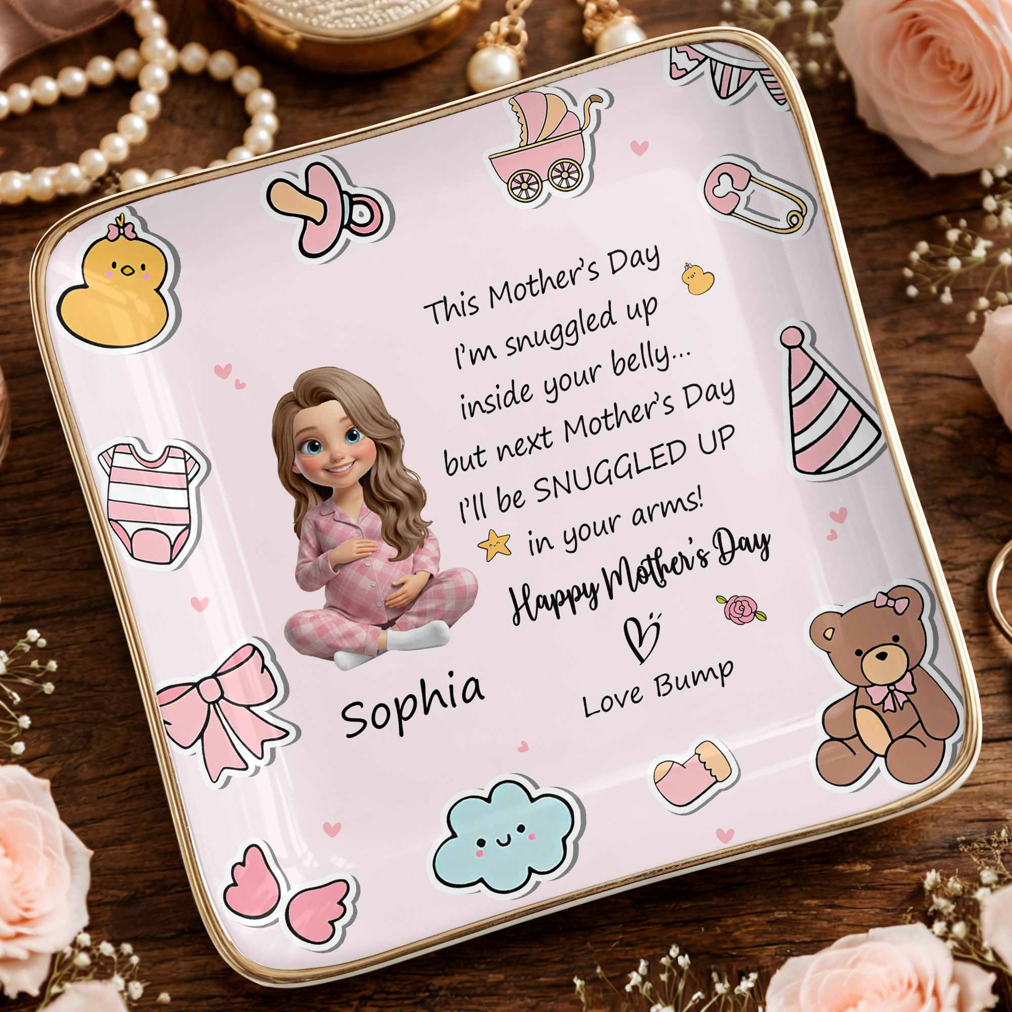 This Mother's Day Snuggled Up In Your Belly Pregnant Woman Baby Icons - Personalized Custom Jewelry Dish, Ceramic Dish, Square Shape - MOM339_SCRF