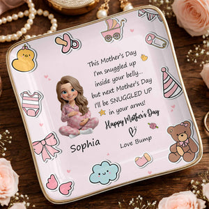 This Mother's Day Snuggled Up In Your Belly Pregnant Woman Baby Icons - Personalized Custom Jewelry Dish, Ceramic Dish, Square Shape - MOM339_SCRF