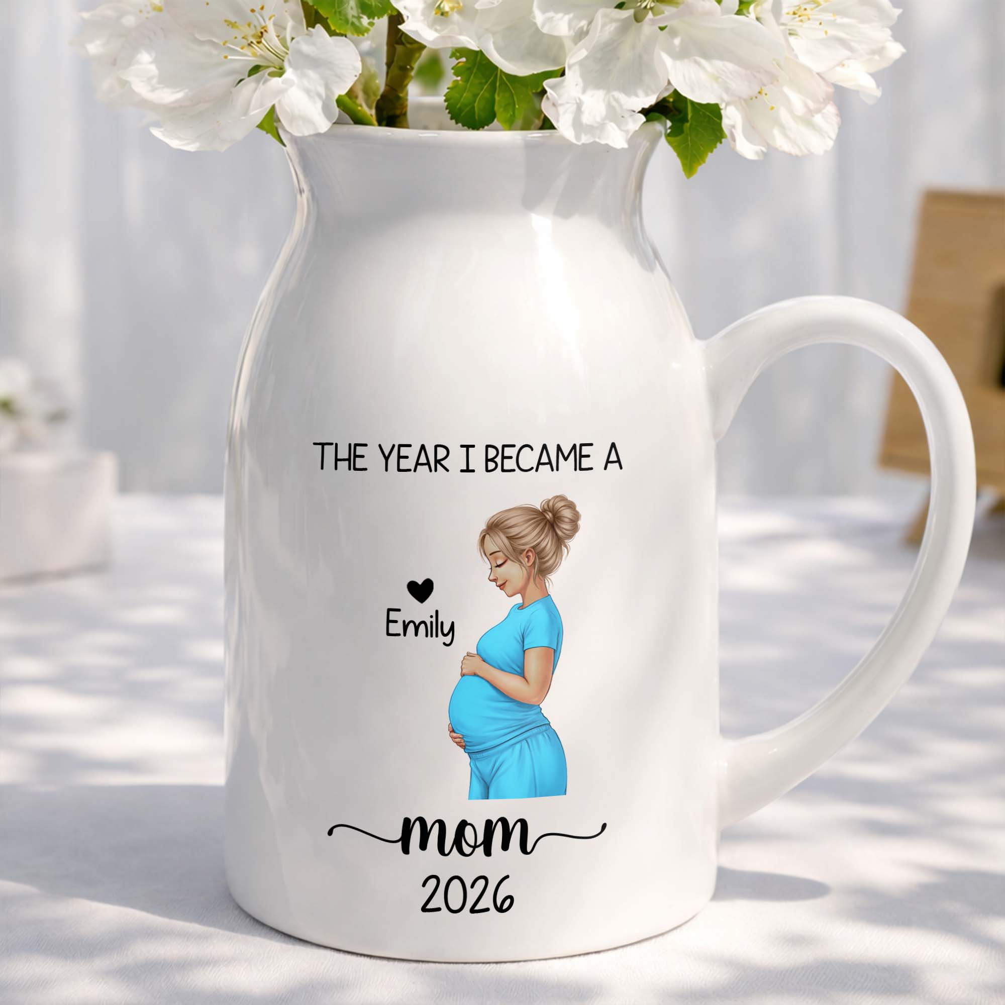 The Year I Became A Mom With Pregnant Woman Art - Personalized Ceramic Flower Vase