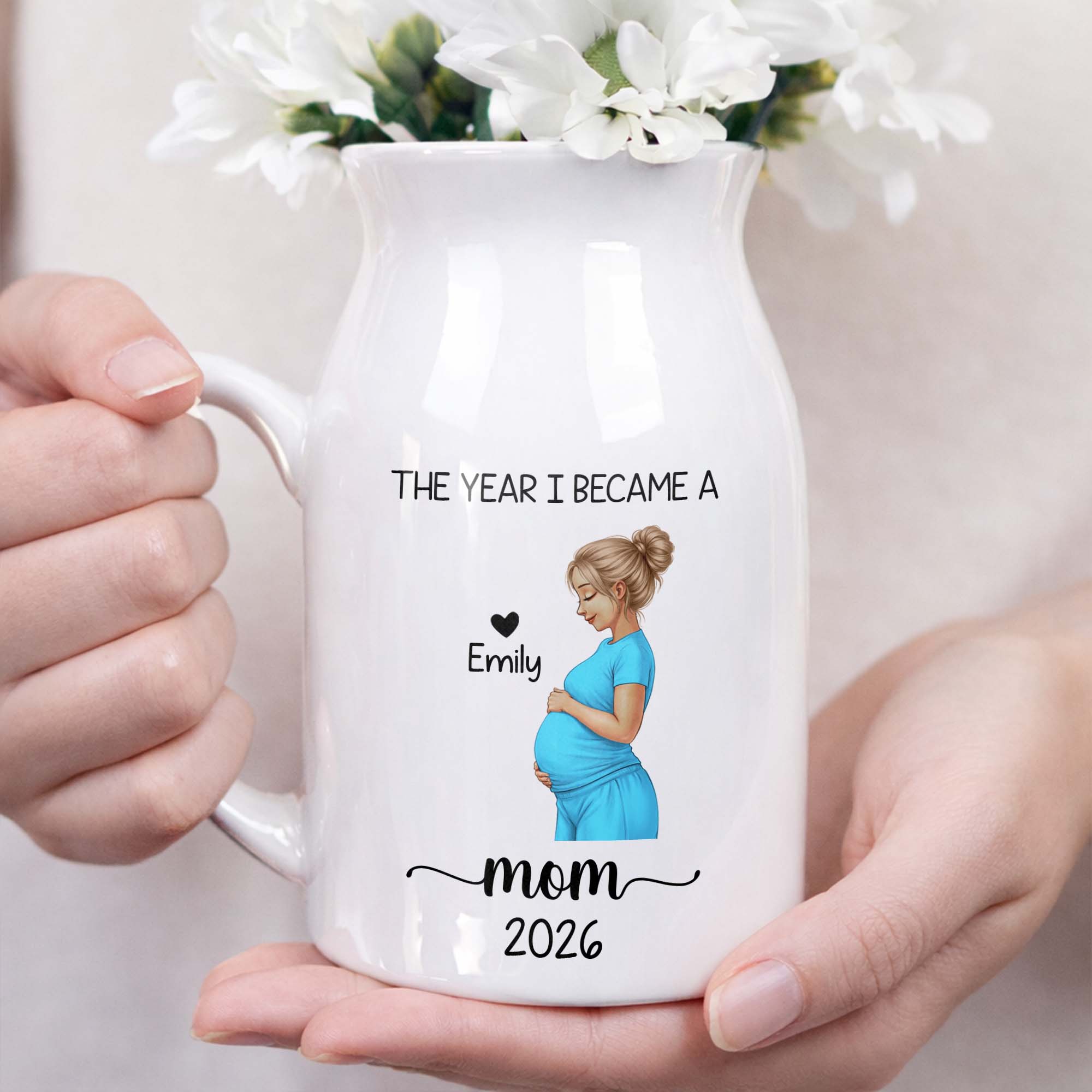 The Year I Became A Mom With Pregnant Woman Art - Personalized Ceramic Flower Vase