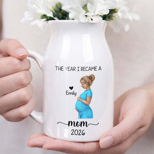 The Year I Became A Mom With Pregnant Woman Art - Personalized Ceramic Flower Vase
