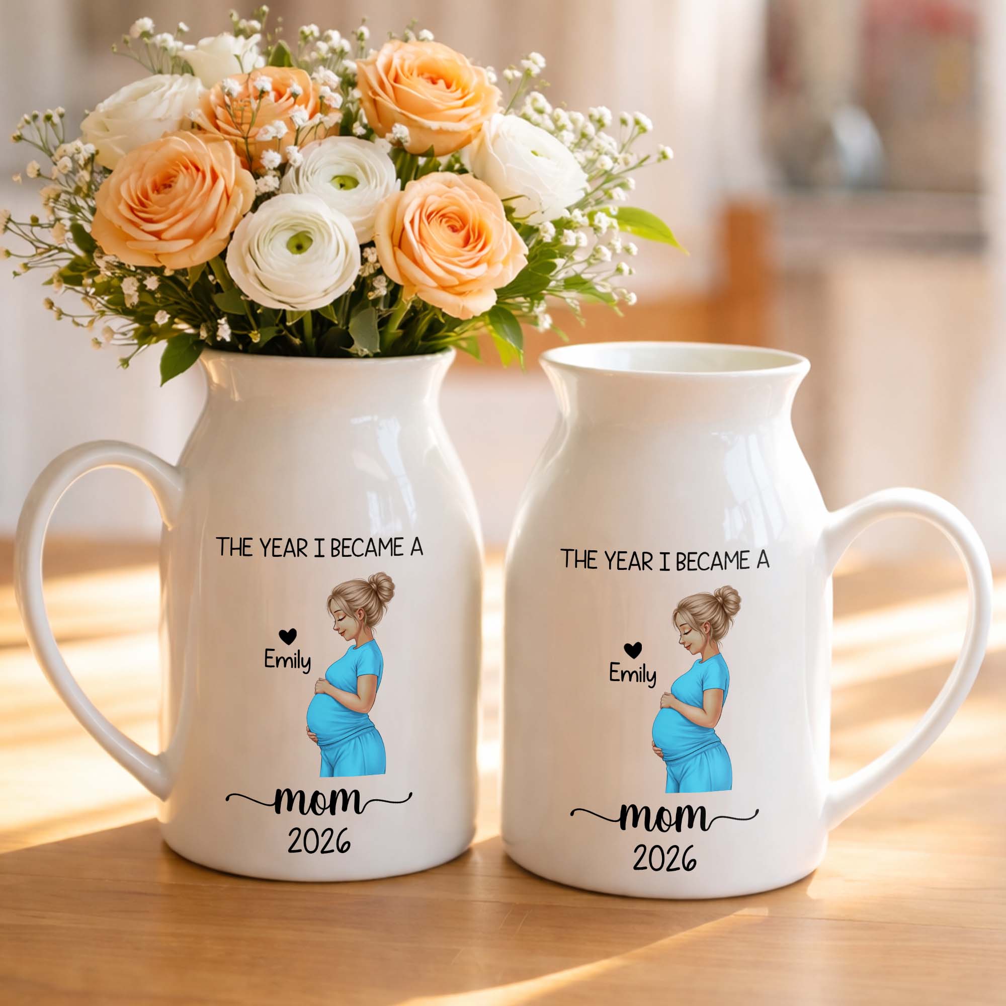 The Year I Became A Mom With Pregnant Woman Art - Personalized Ceramic Flower Vase
