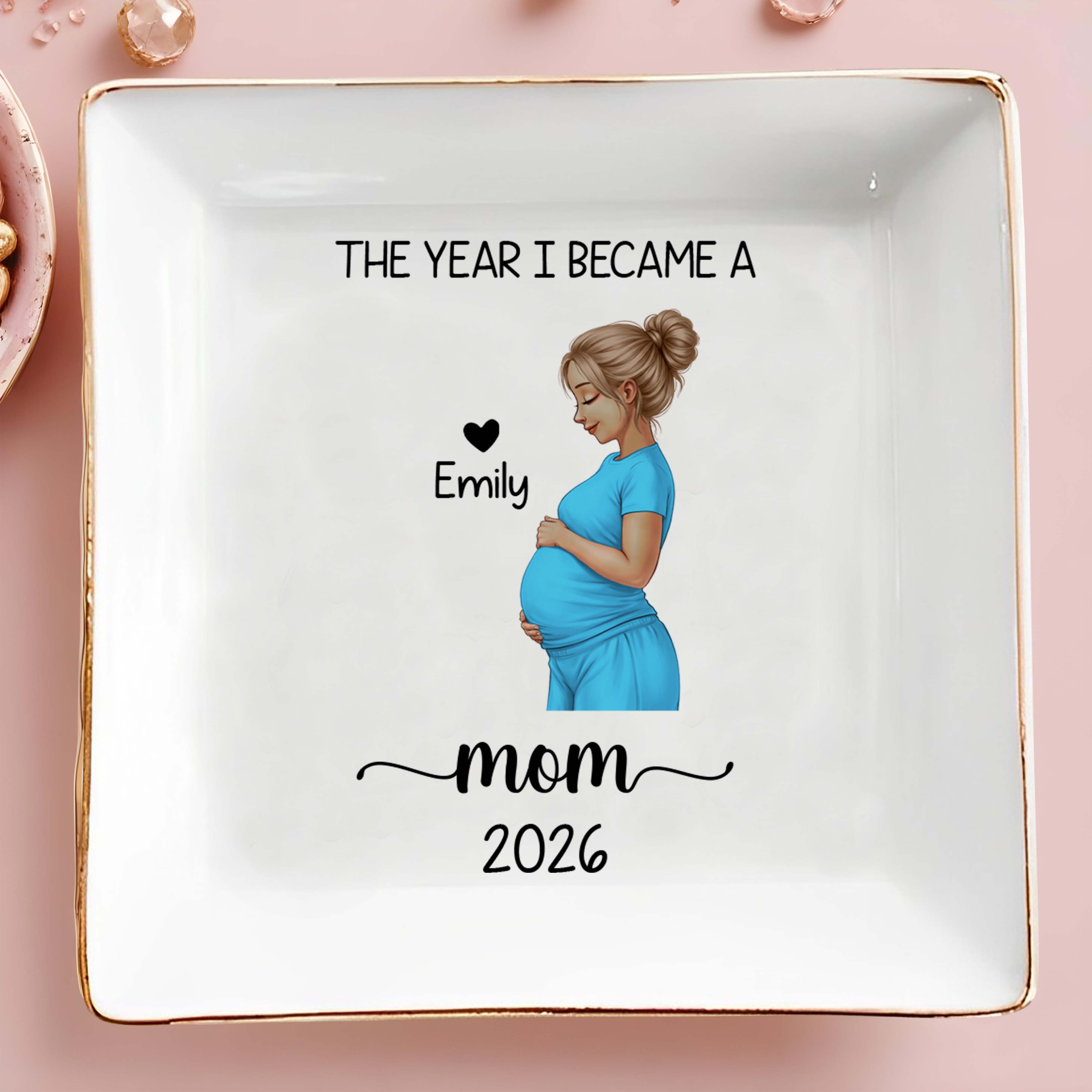 The Year I Became A Mom With Pregnant Woman Art - Personalized Custom Jewelry Dish, Square Ceramic Dish - MOM340_SCRD