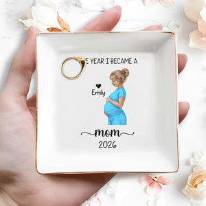 The Year I Became A Mom With Pregnant Woman Art - Personalized Custom Jewelry Dish, Square Ceramic Dish - MOM340_SCRD
