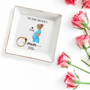 The Year I Became A Mom With Pregnant Woman Art - Personalized Custom Jewelry Dish, Square Ceramic Dish - MOM340_SCRD