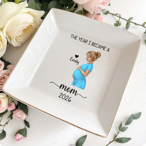 The Year I Became A Mom With Pregnant Woman Art - Personalized Custom Jewelry Dish, Square Ceramic Dish - MOM340_SCRD