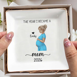 The Year I Became A Mom With Pregnant Woman Art - Personalized Custom Jewelry Dish, Square Ceramic Dish - MOM340_SCRD