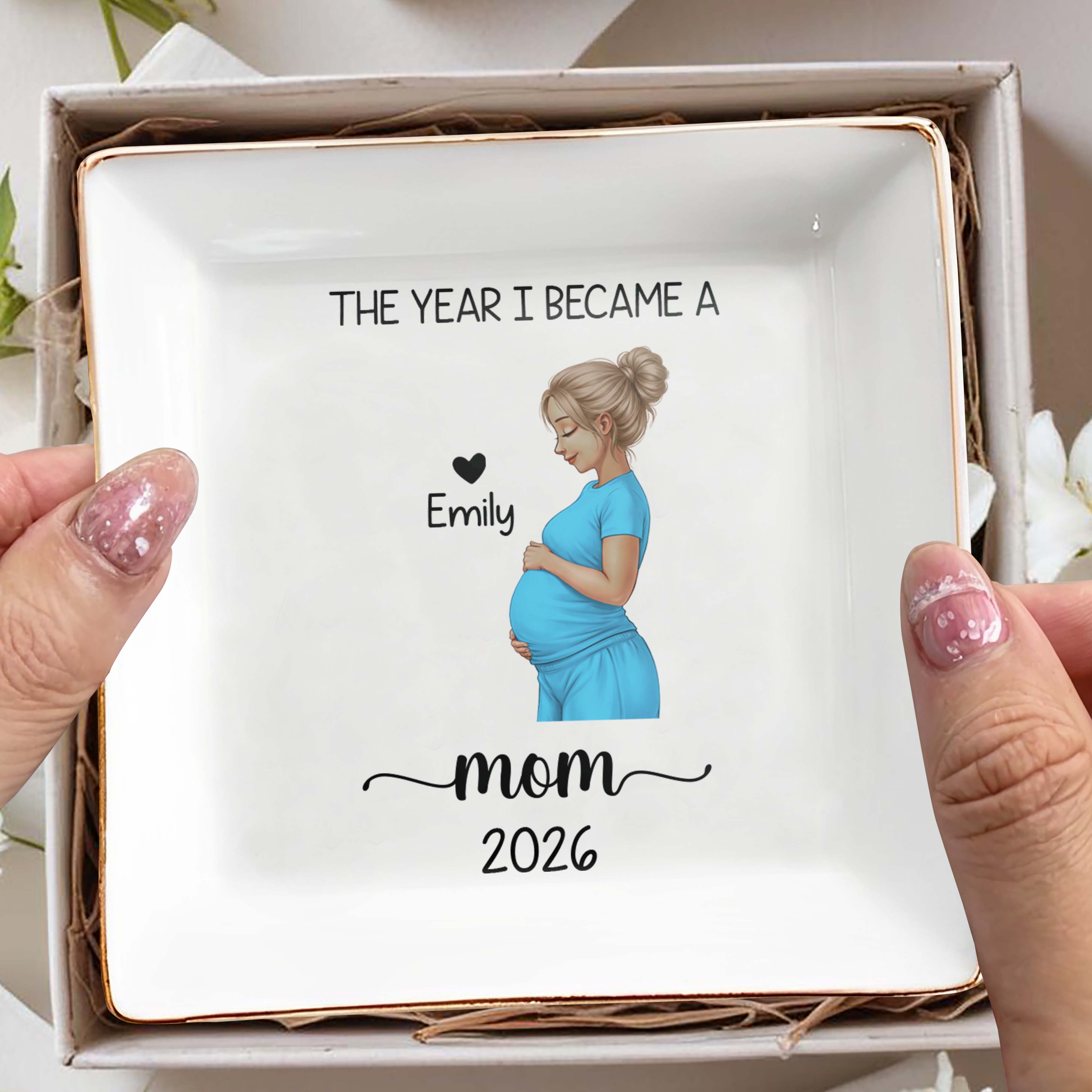 The Year I Became A Mom With Pregnant Woman Art - Personalized Custom Jewelry Dish, Square Ceramic Dish - MOM340_SCRD