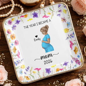 The Year I Became A Mom With Birth Flowers - Personalized Custom Jewelry Dish, Ceramic Dish, Square Shape - MOM340_SCRF