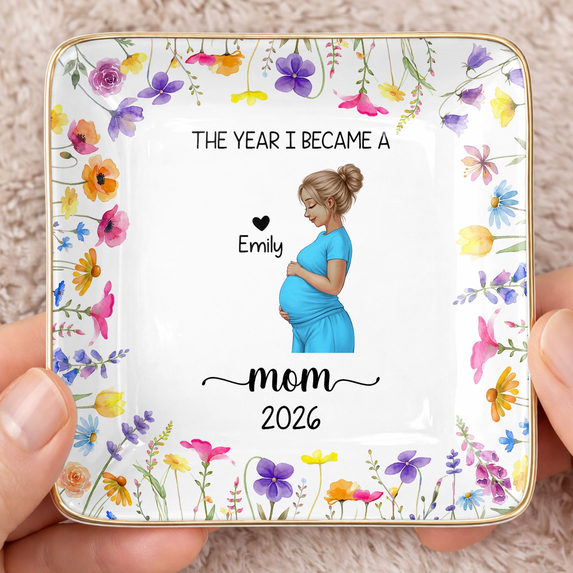 The Year I Became A Mom With Birth Flowers - Personalized Custom Jewelry Dish, Ceramic Dish, Square Shape - MOM340_SCRF