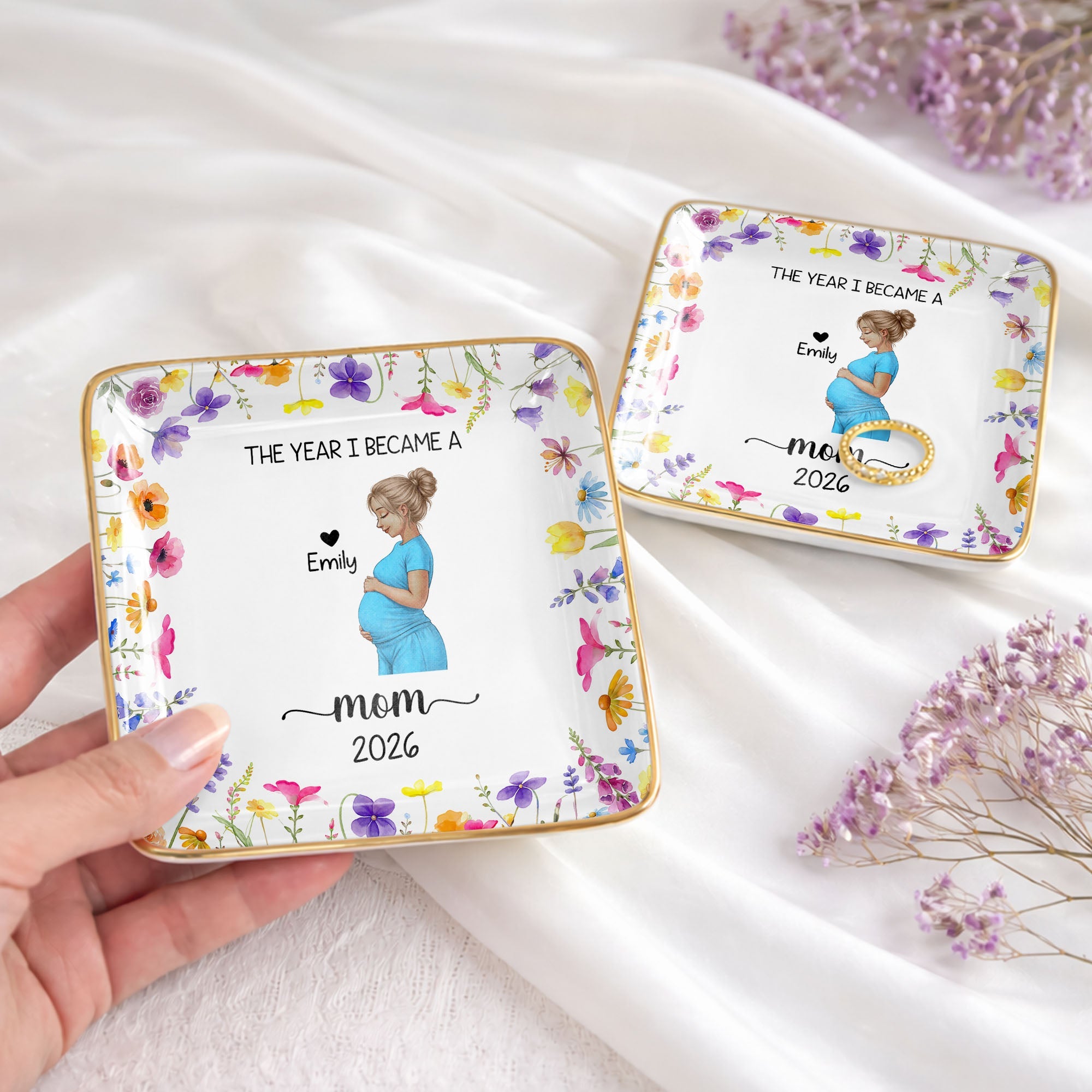 The Year I Became A Mom With Birth Flowers - Personalized Custom Jewelry Dish, Ceramic Dish, Square Shape - MOM340_SCRF