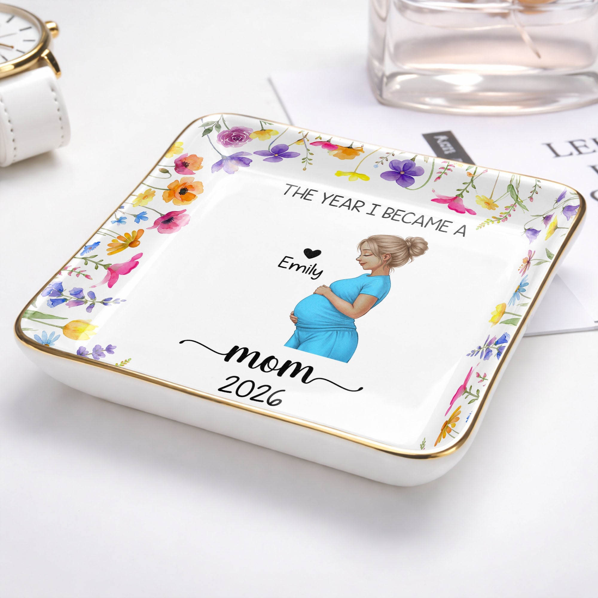 The Year I Became A Mom With Birth Flowers - Personalized Custom Jewelry Dish, Ceramic Dish, Square Shape - MOM340_SCRF