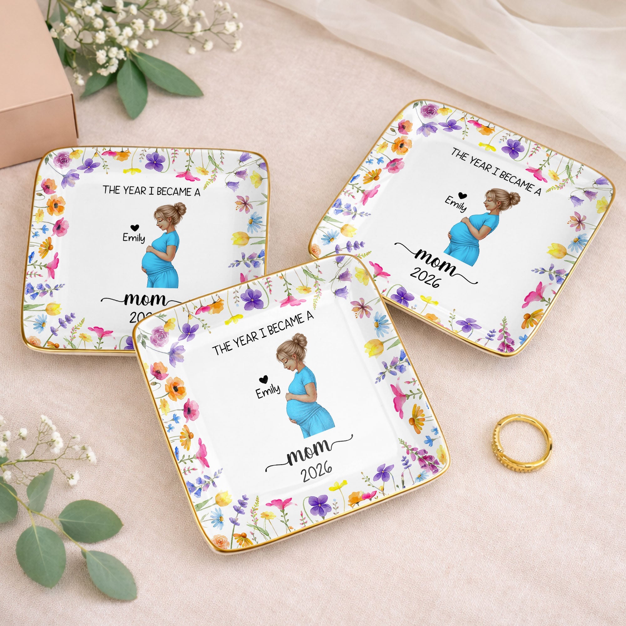 The Year I Became A Mom With Birth Flowers - Personalized Custom Jewelry Dish, Ceramic Dish, Square Shape - MOM340_SCRF
