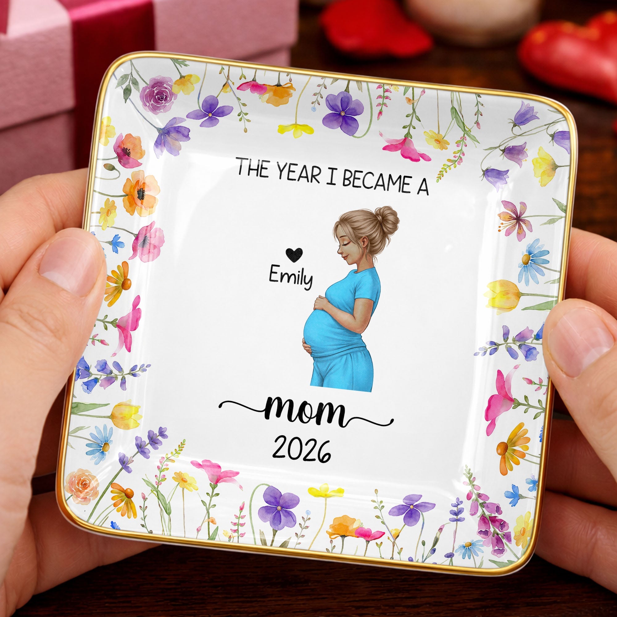 The Year I Became A Mom With Birth Flowers - Personalized Custom Jewelry Dish, Ceramic Dish, Square Shape - MOM340_SCRF