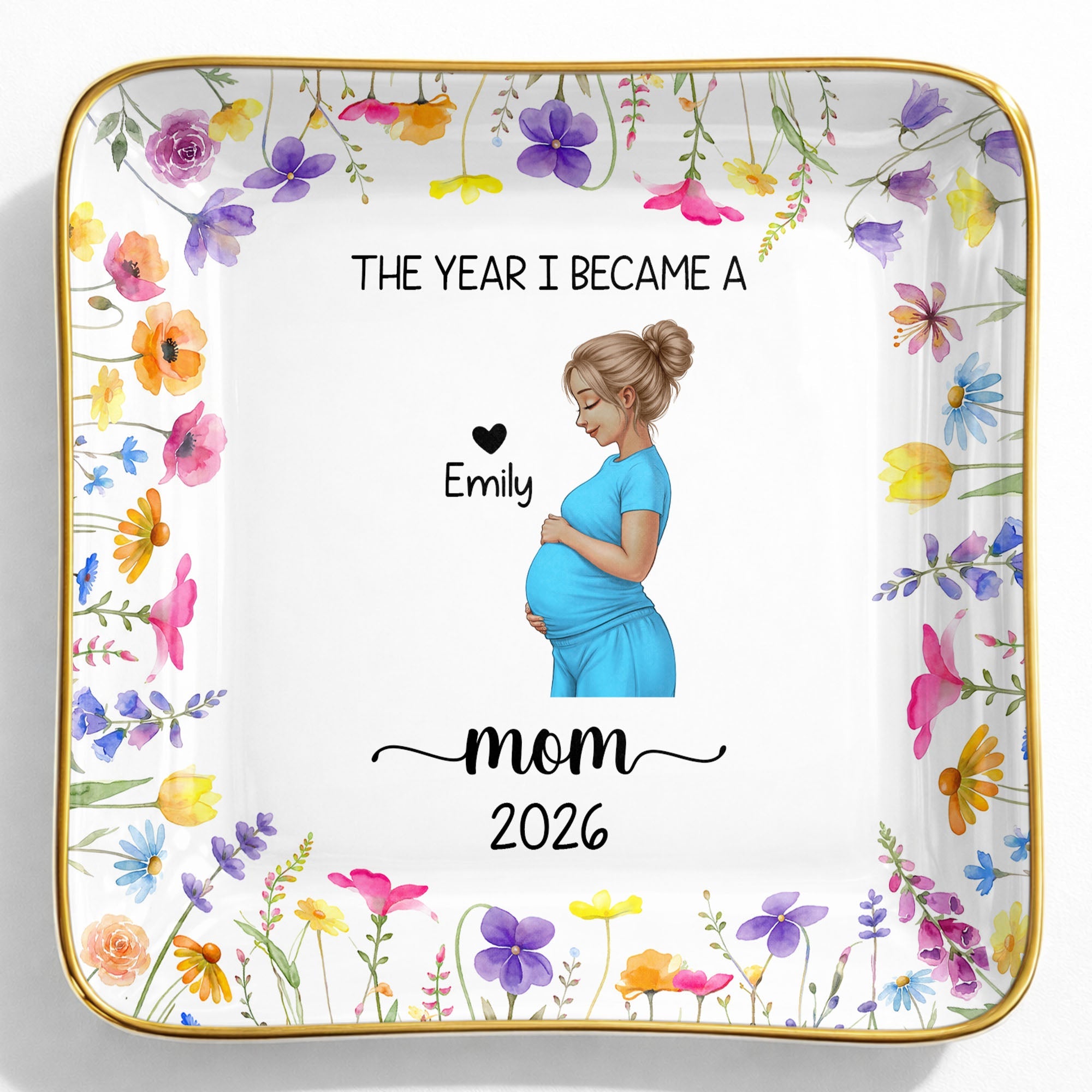 The Year I Became A Mom With Birth Flowers - Personalized Custom Jewelry Dish, Ceramic Dish, Square Shape - MOM340_SCRF