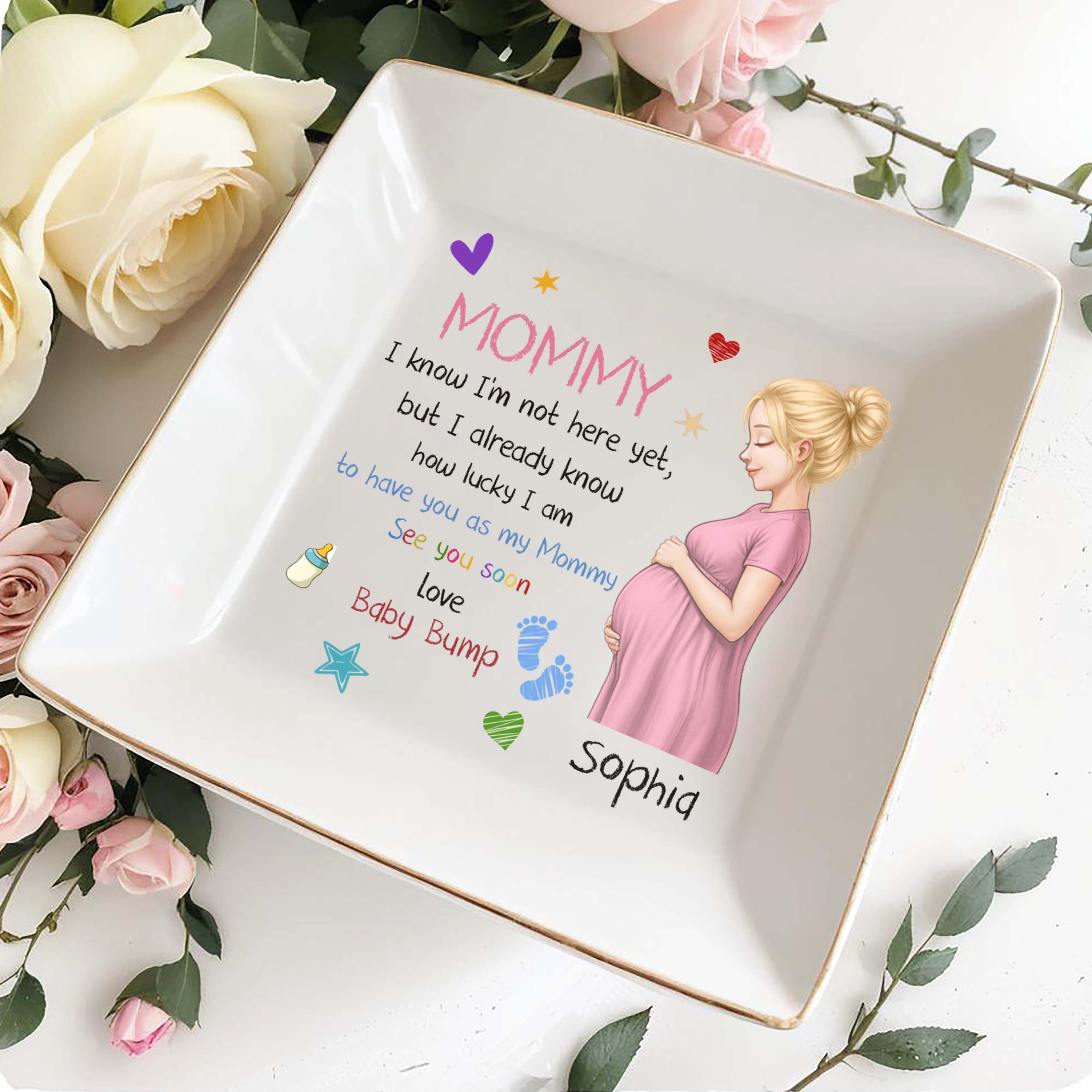 Mommy I Know I Am Not Here Yet Pregnant Woman Baby Bump - Personalized Custom Jewelry Dish, Square Ceramic Dish - MOM344_SCRD