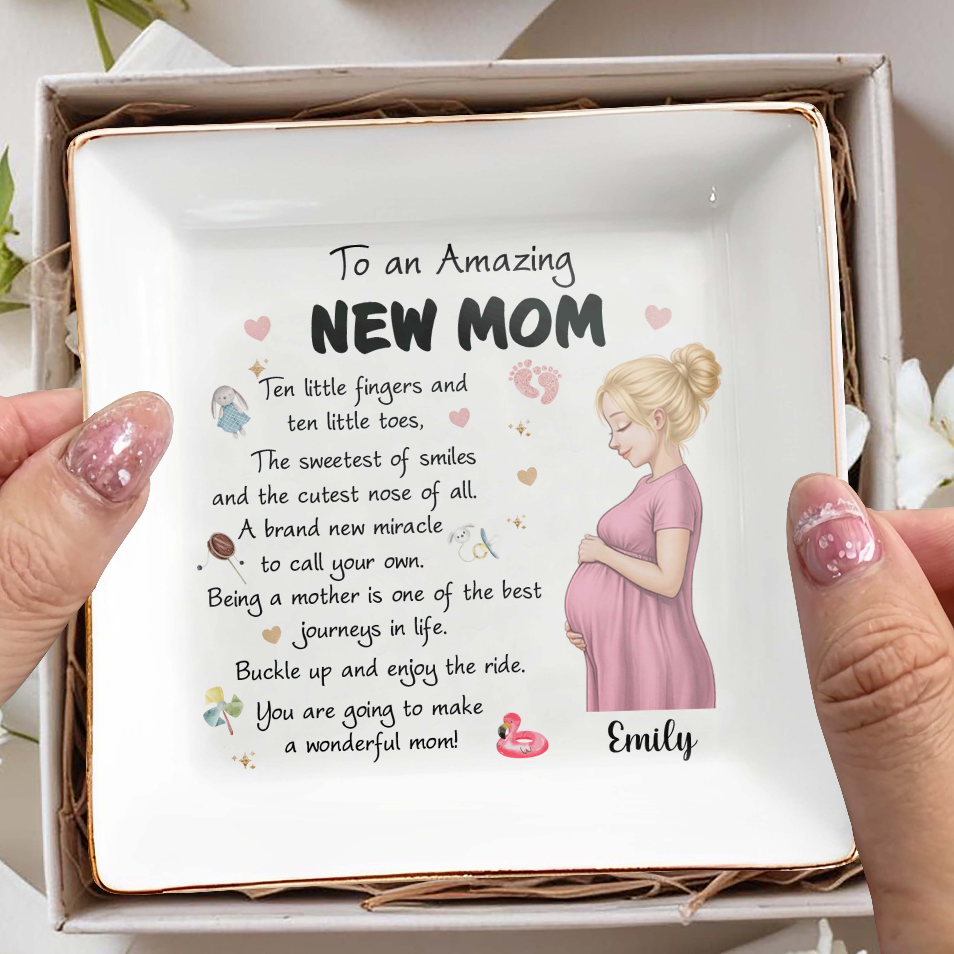 To An Amazing New Mom Pregnant Woman Miracle Journey - Personalized Custom Jewelry Dish, Square Ceramic Dish - MOM346_SCRD