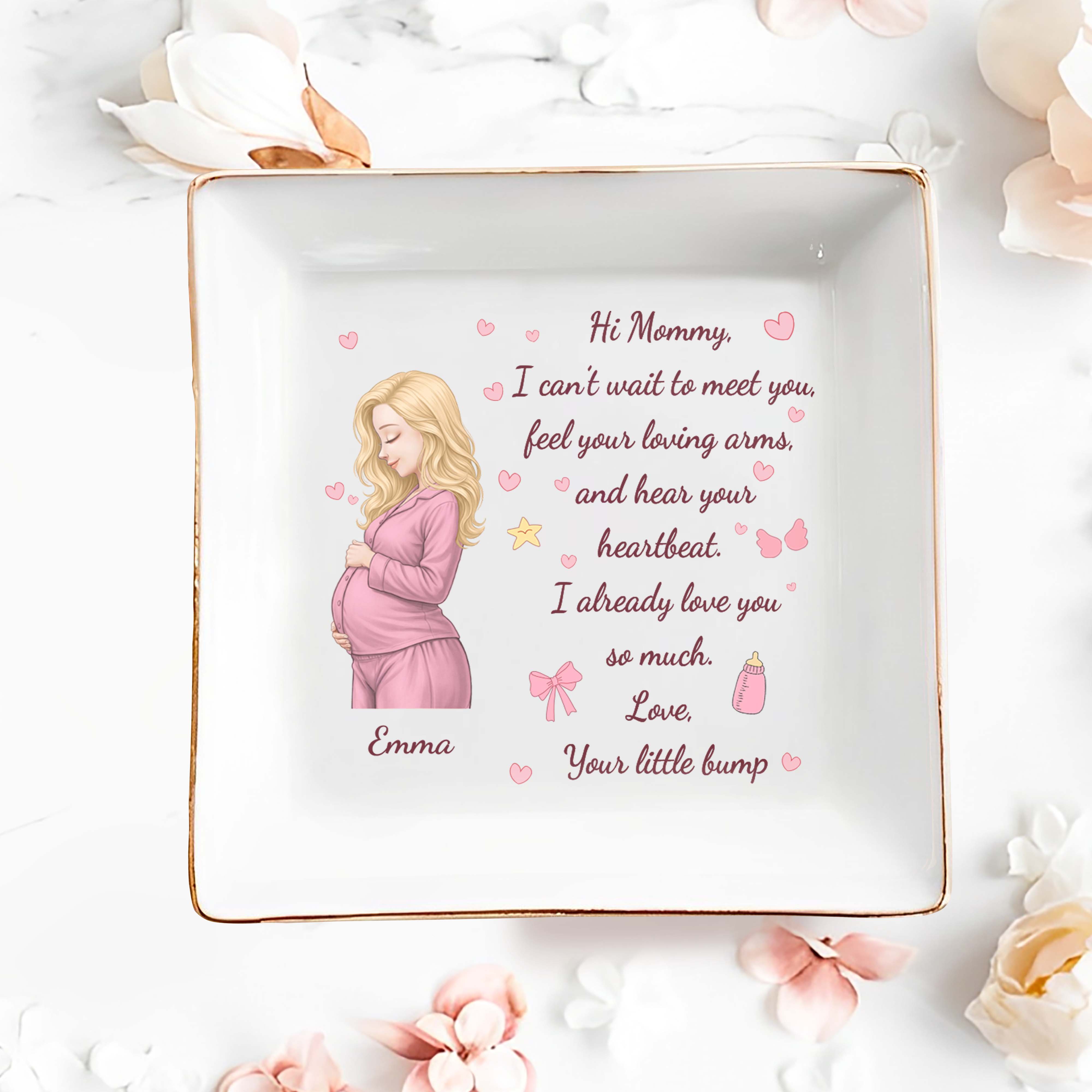 Hi Mommy I Can't Wait To Meet You Pregnant Woman With Hearts - Personalized Custom Jewelry Dish, Square Ceramic Dish - MOM362_SCRD
