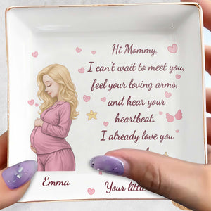 Hi Mommy I Can't Wait To Meet You Pregnant Woman With Hearts - Personalized Custom Jewelry Dish, Square Ceramic Dish - MOM362_SCRD