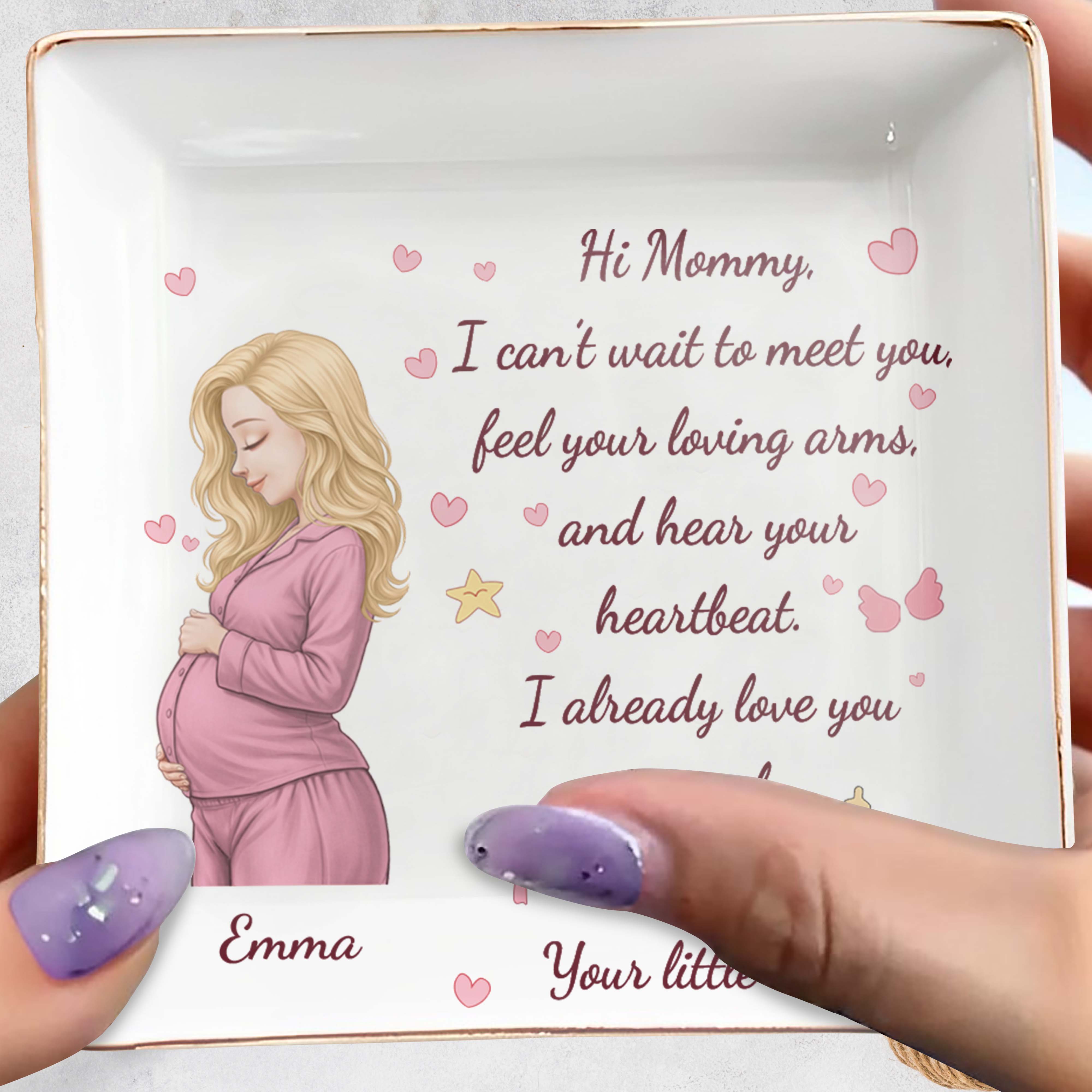 Hi Mommy I Can't Wait To Meet You Pregnant Woman With Hearts - Personalized Custom Jewelry Dish, Square Ceramic Dish - MOM362_SCRD
