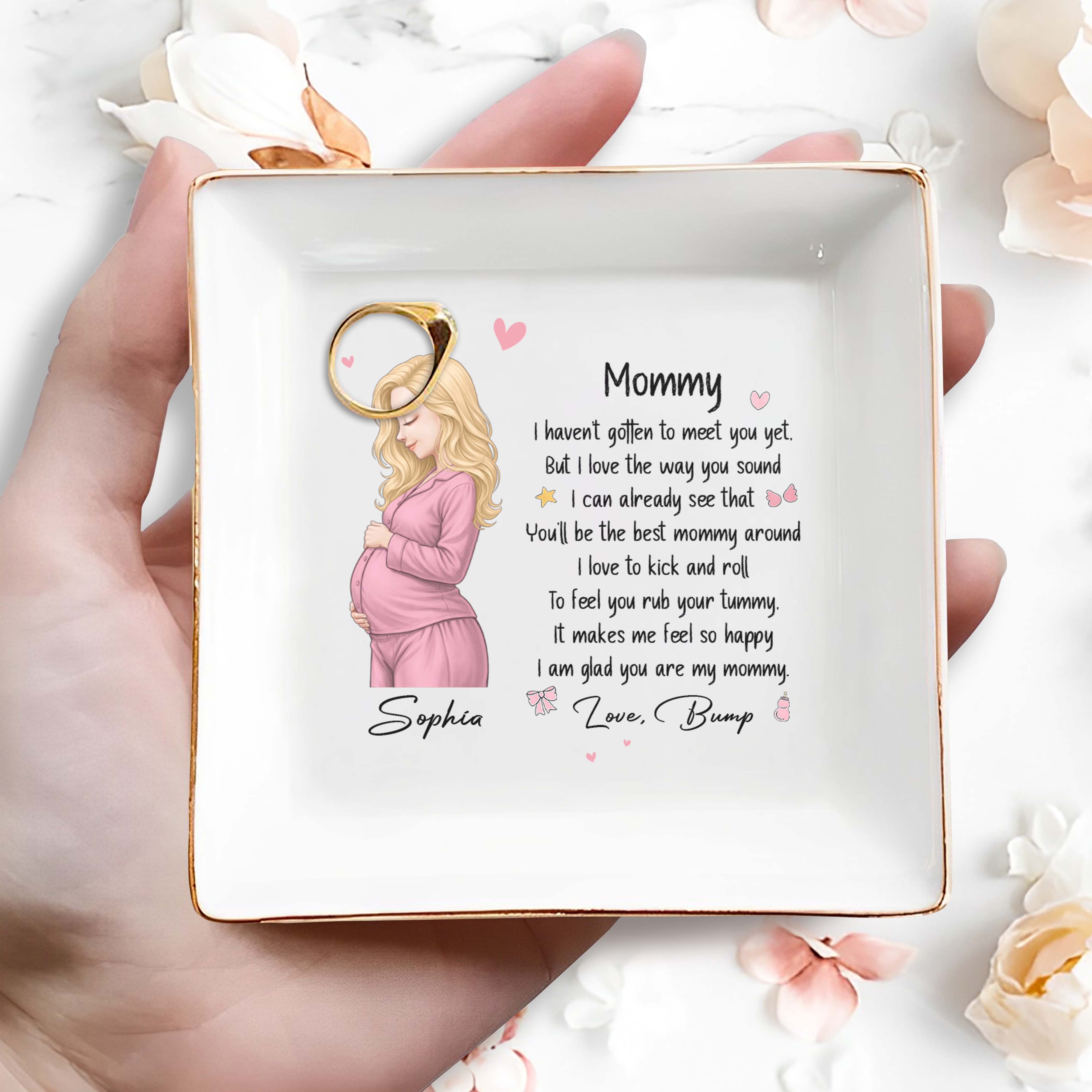 Mommy I Haven't Gotten To Meet You Yet Pregnant Woman Heart - Personalized Custom Jewelry Dish, Square Ceramic Dish - MOM363_SCRD