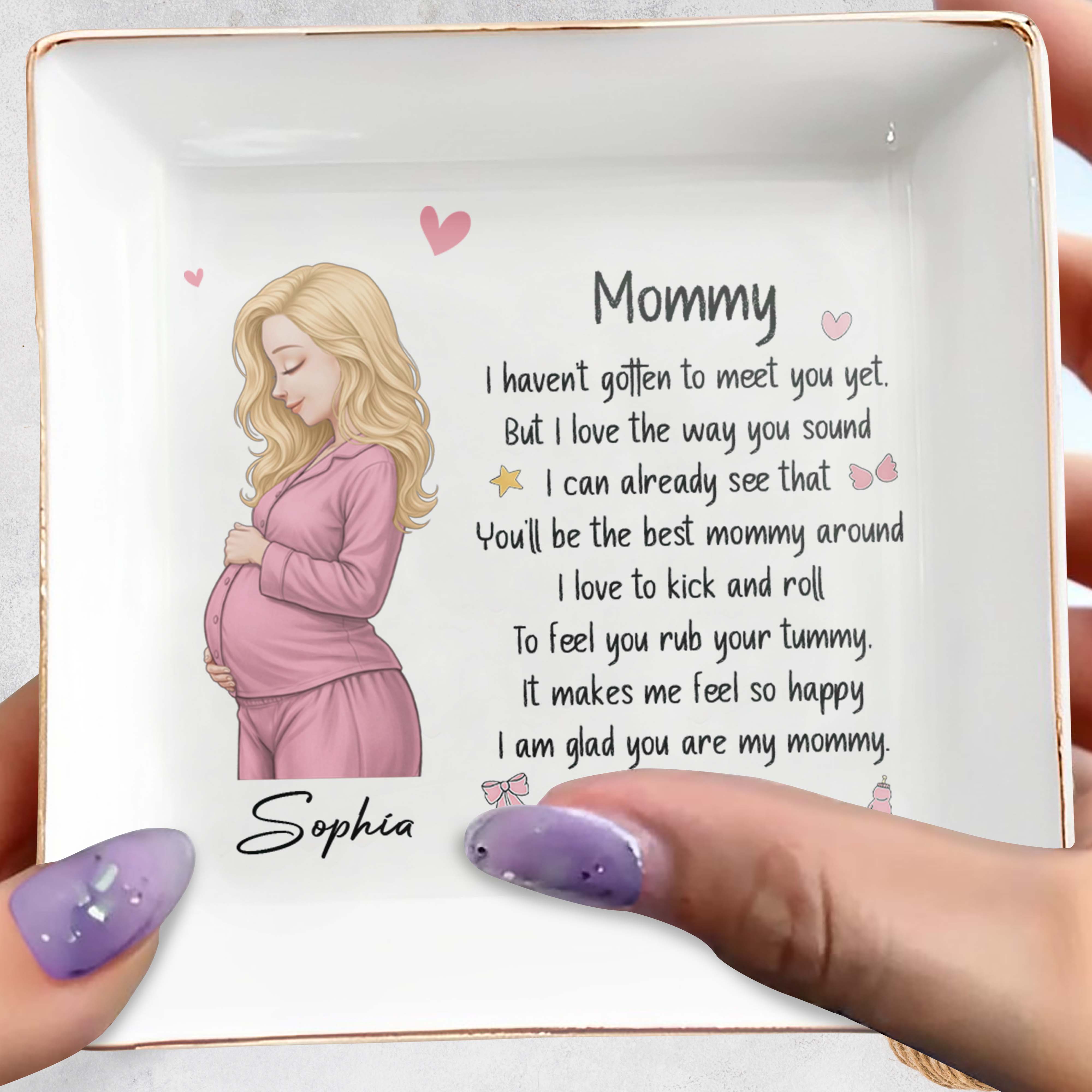 Mommy I Haven't Gotten To Meet You Yet Pregnant Woman Heart - Personalized Custom Jewelry Dish, Square Ceramic Dish - MOM363_SCRD