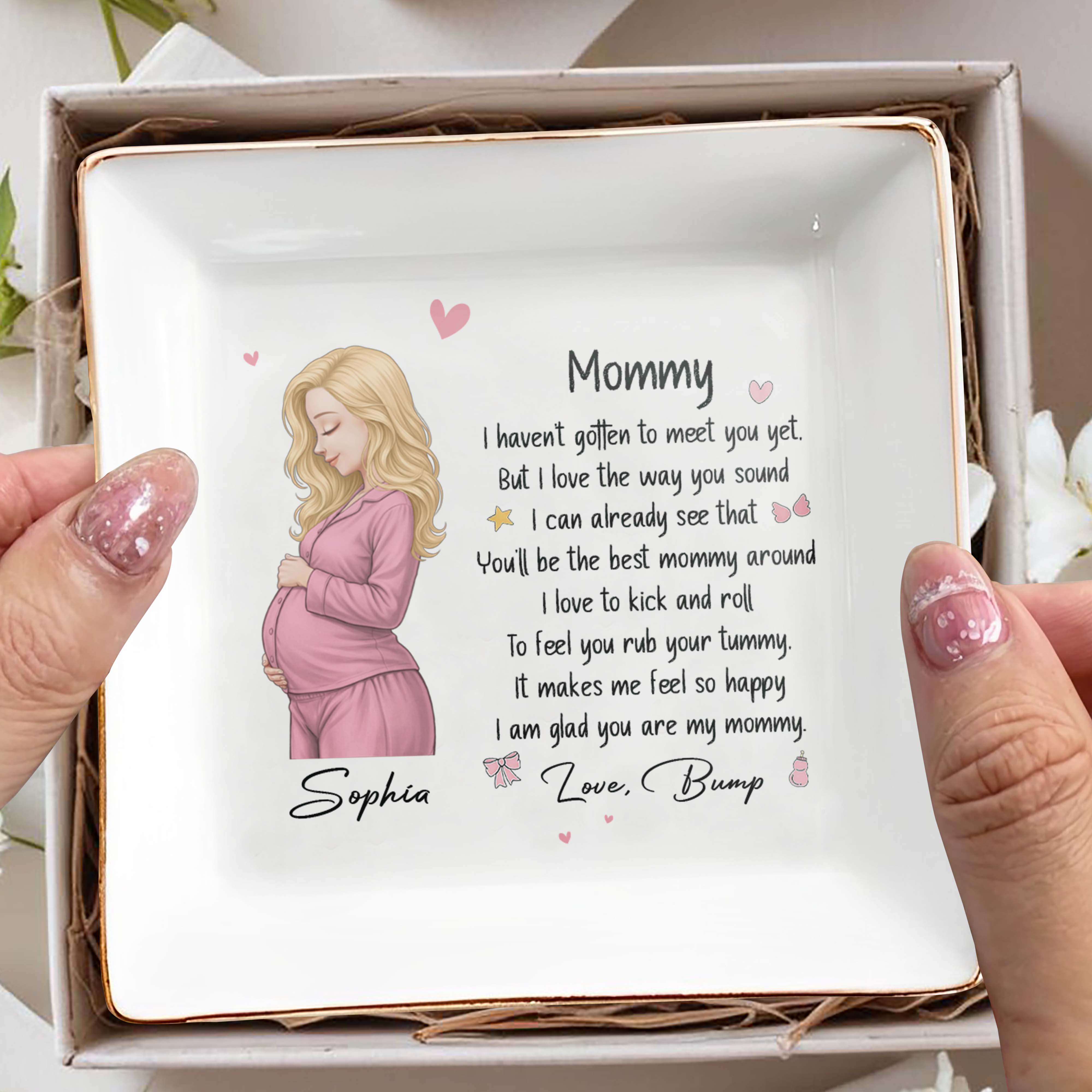 Mommy I Haven't Gotten To Meet You Yet Pregnant Woman Heart - Personalized Custom Jewelry Dish, Square Ceramic Dish - MOM363_SCRD