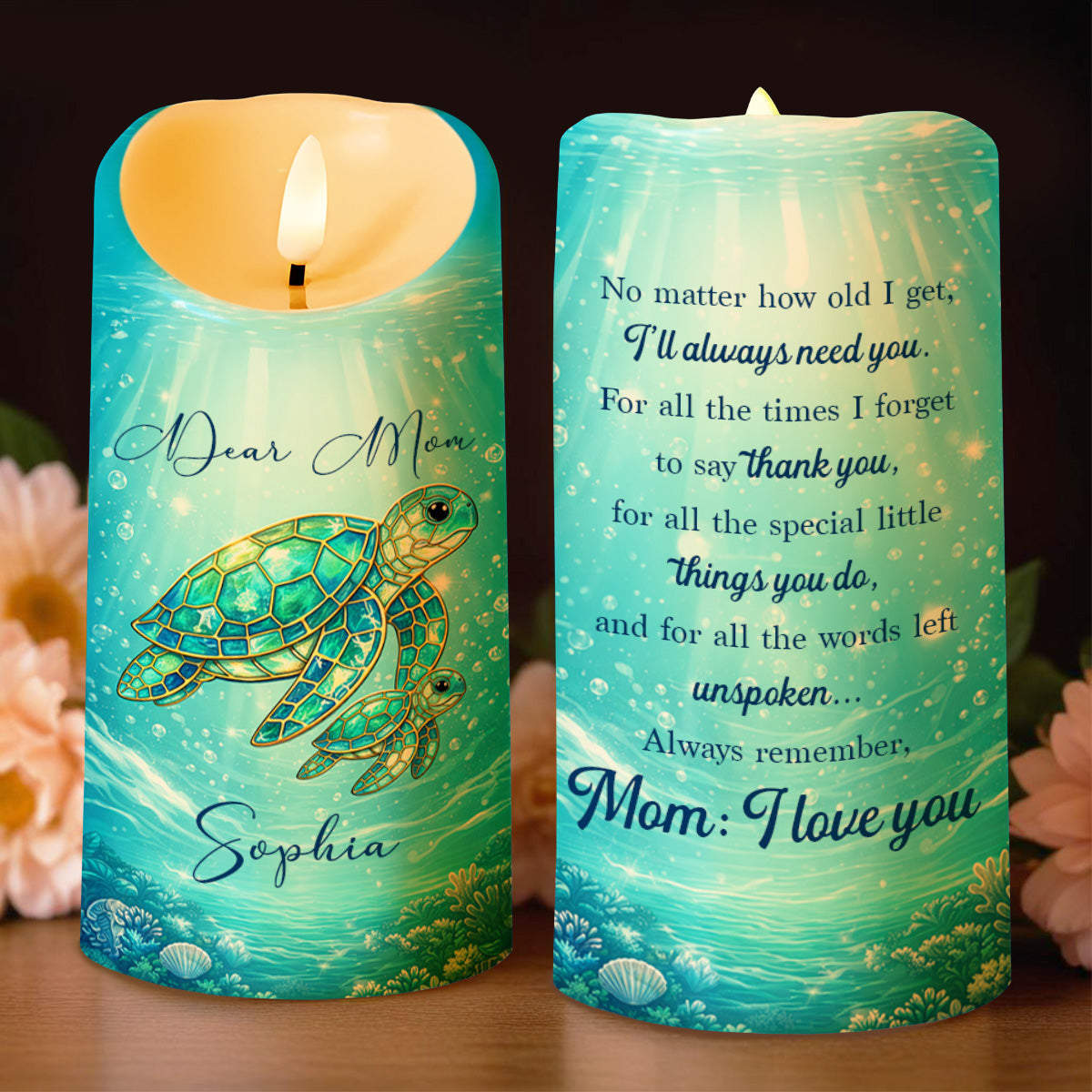 Dear Mom No Matter How Old I Get Sea Turtle Stained Glass Effect - Personalized Custom LED Candle - MOM365_LECA