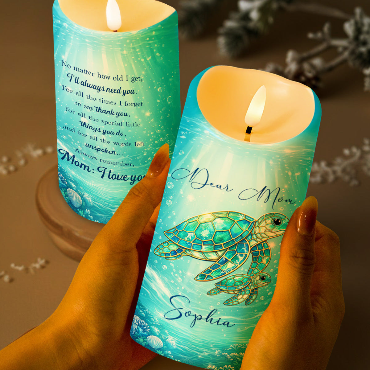 Dear Mom No Matter How Old I Get Sea Turtle Stained Glass Effect - Personalized Custom LED Candle - MOM365_LECA
