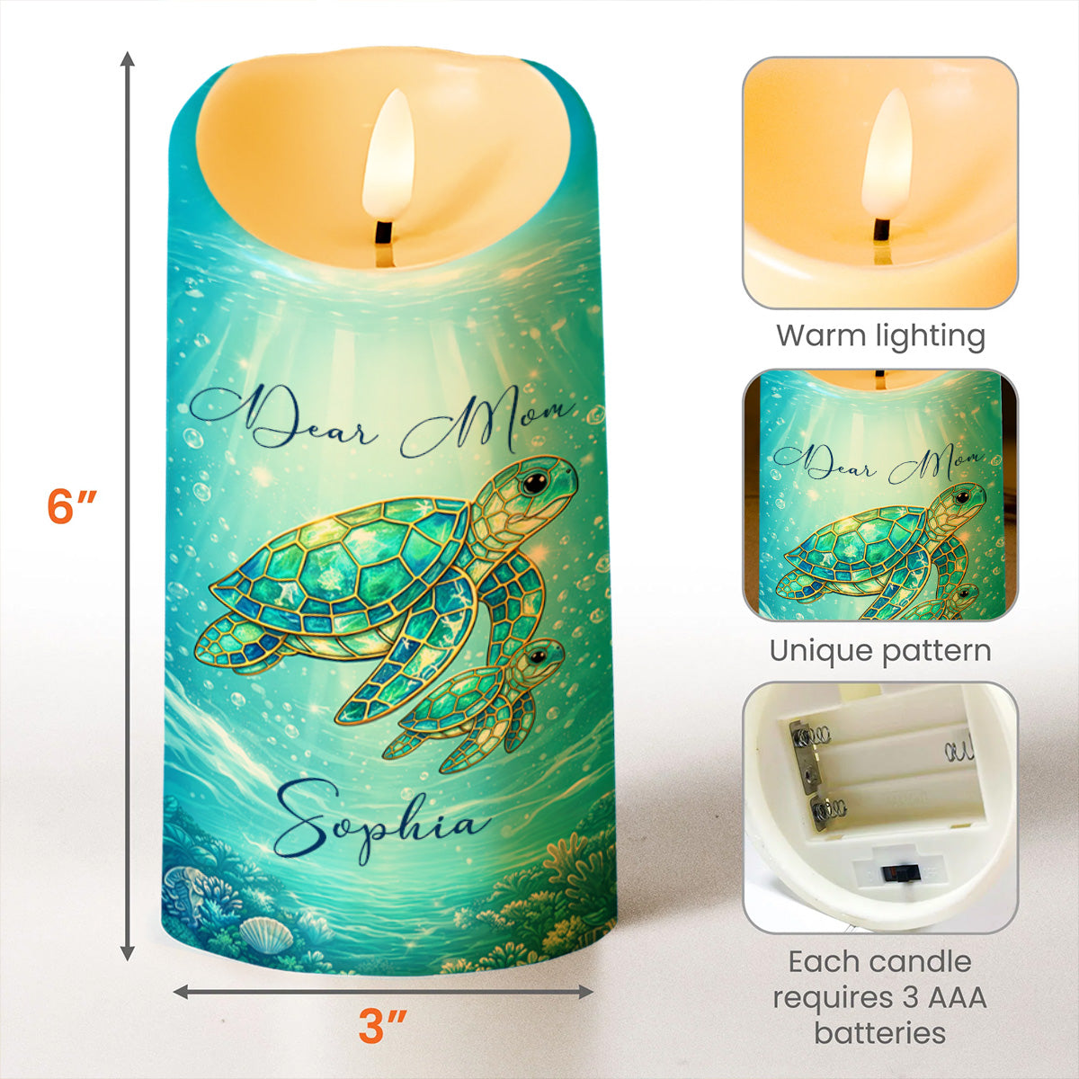 Dear Mom No Matter How Old I Get Sea Turtle Stained Glass Effect - Personalized Custom LED Candle - MOM365_LECA