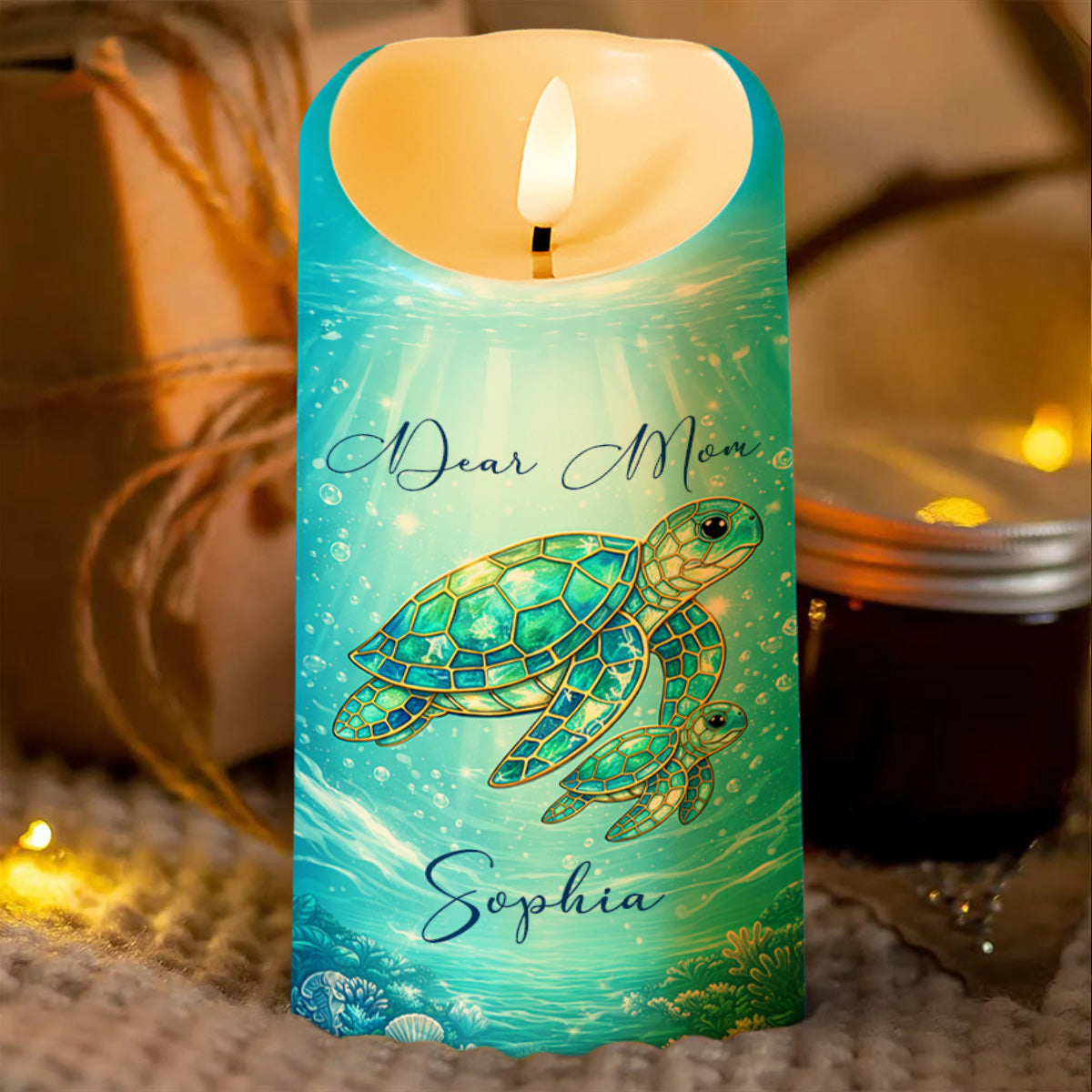 Dear Mom No Matter How Old I Get Sea Turtle Stained Glass Effect - Personalized Custom LED Candle - MOM365_LECA